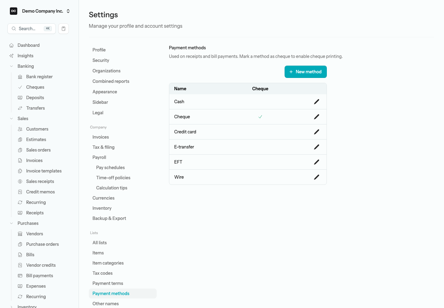The Payment methods list with Cash, Cheque, E-transfer, EFT, Wire, and Credit card, and a check mark in the Cheque column beside Cheque