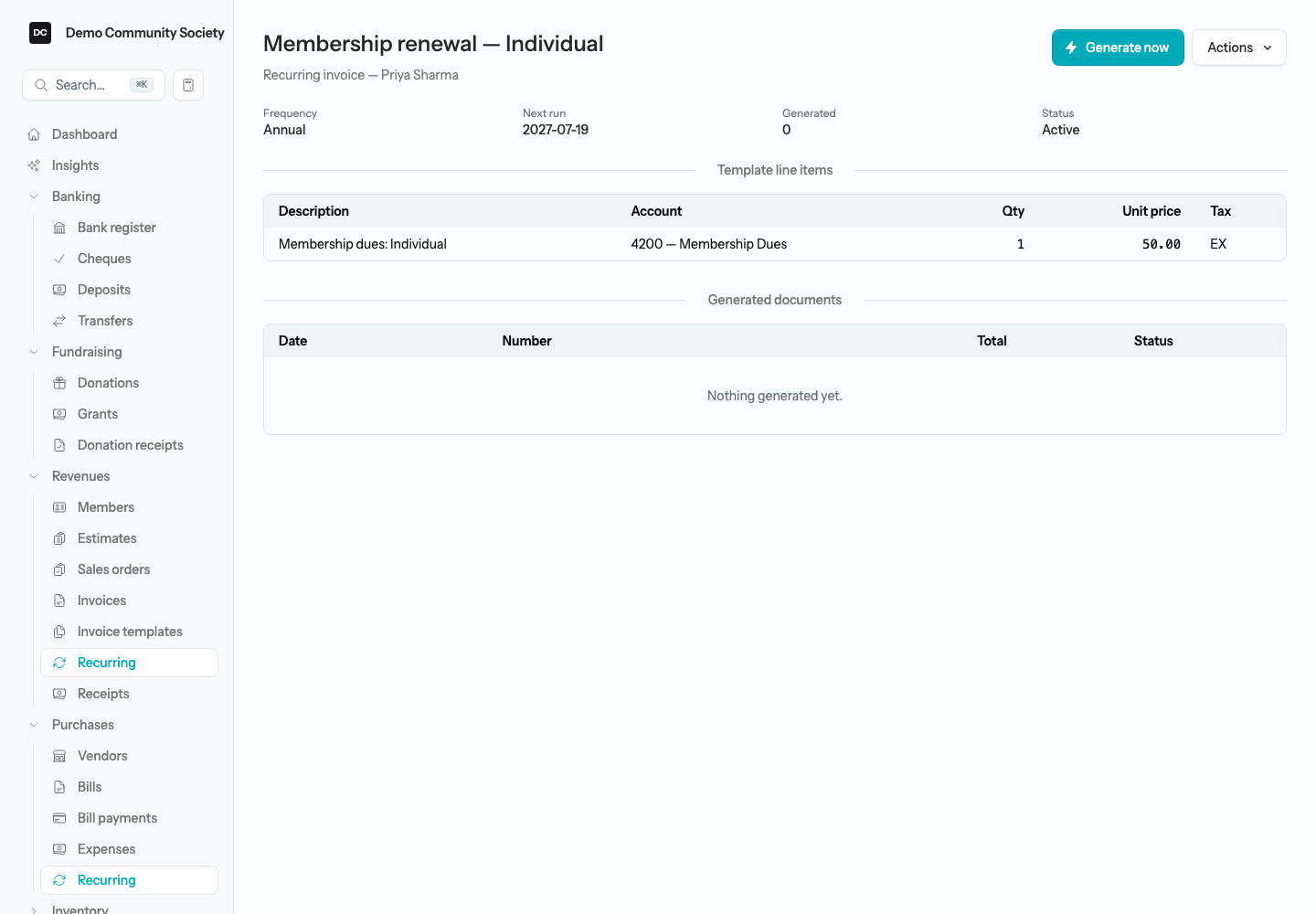 The recurring invoice page for “Membership renewal — Individual” showing the Frequency, Next run, Generated and Status cards and the single Membership dues template line