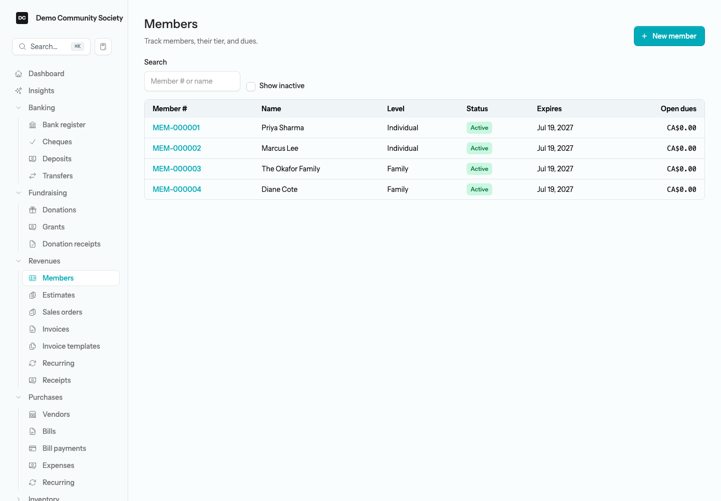 The Members roster on Demo Community Society showing four members with their member numbers, levels, status badges, expiry dates, and open dues