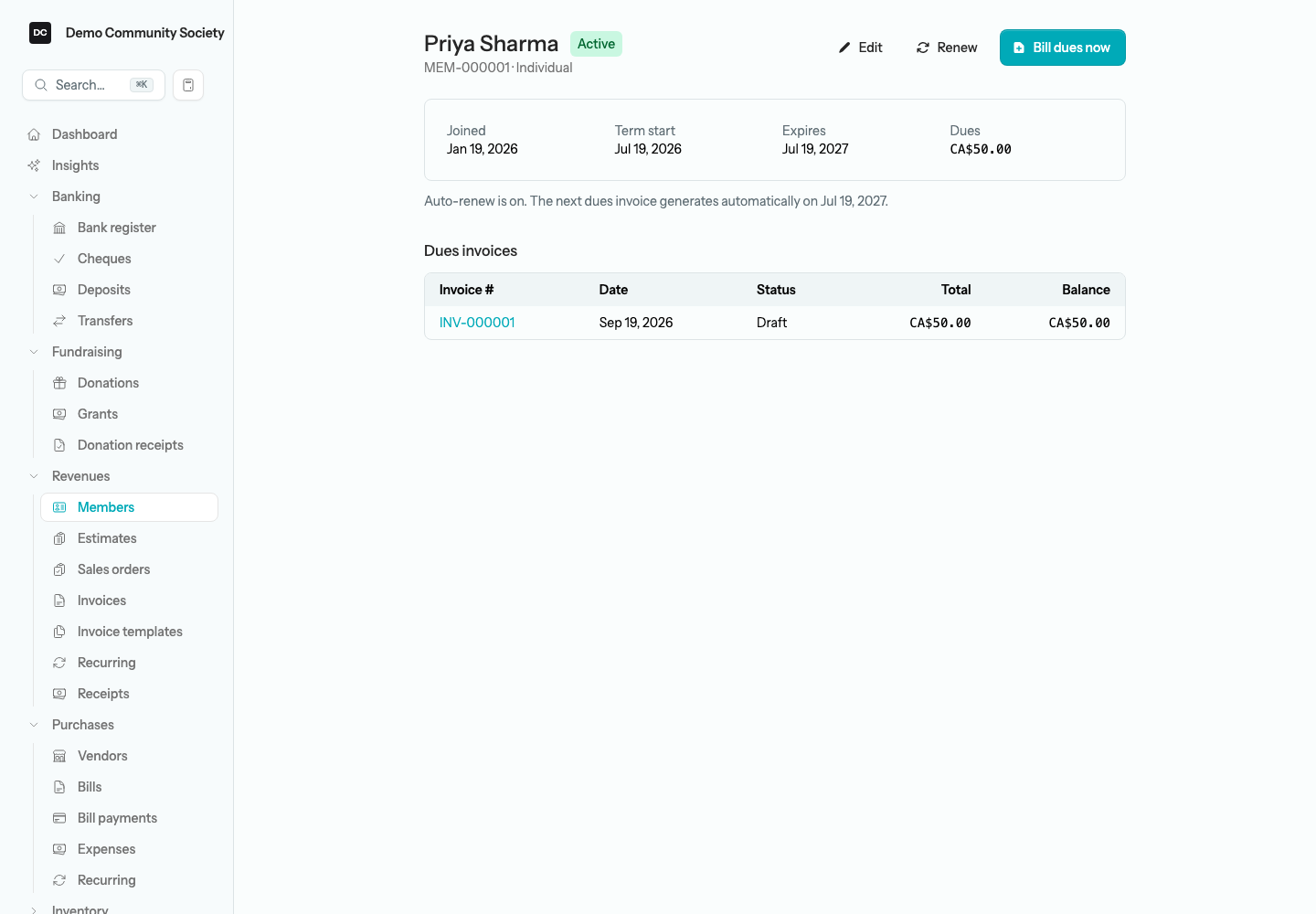 A member detail page showing the status badge, the Edit, Renew, and Bill dues now actions, the Joined, Term start, Expires and Dues card, the auto-renew note, and the Dues invoices table