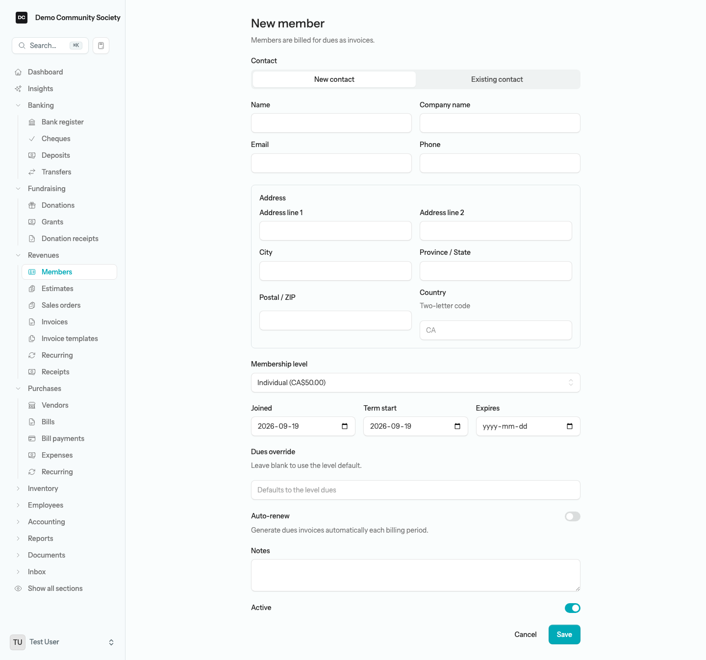 The New member form with the New contact / Existing contact switch, contact and address fields, Membership level, the Joined, Term start and Expires dates, Dues override, Auto-renew, Notes, and Active