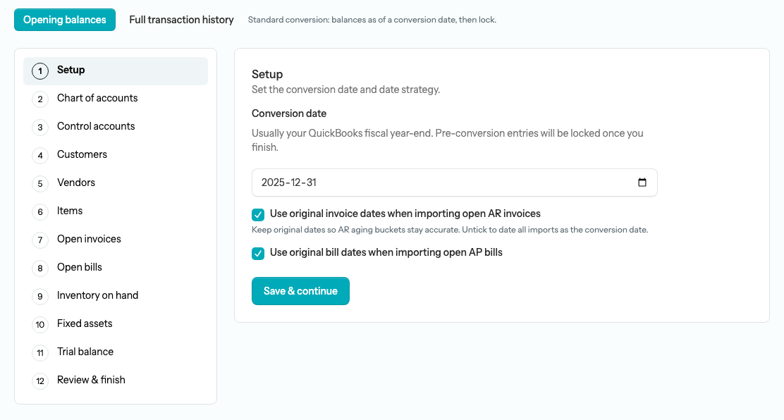 The Setup step in Opening balances mode showing the Conversion date field and the two use-original-dates checkboxes