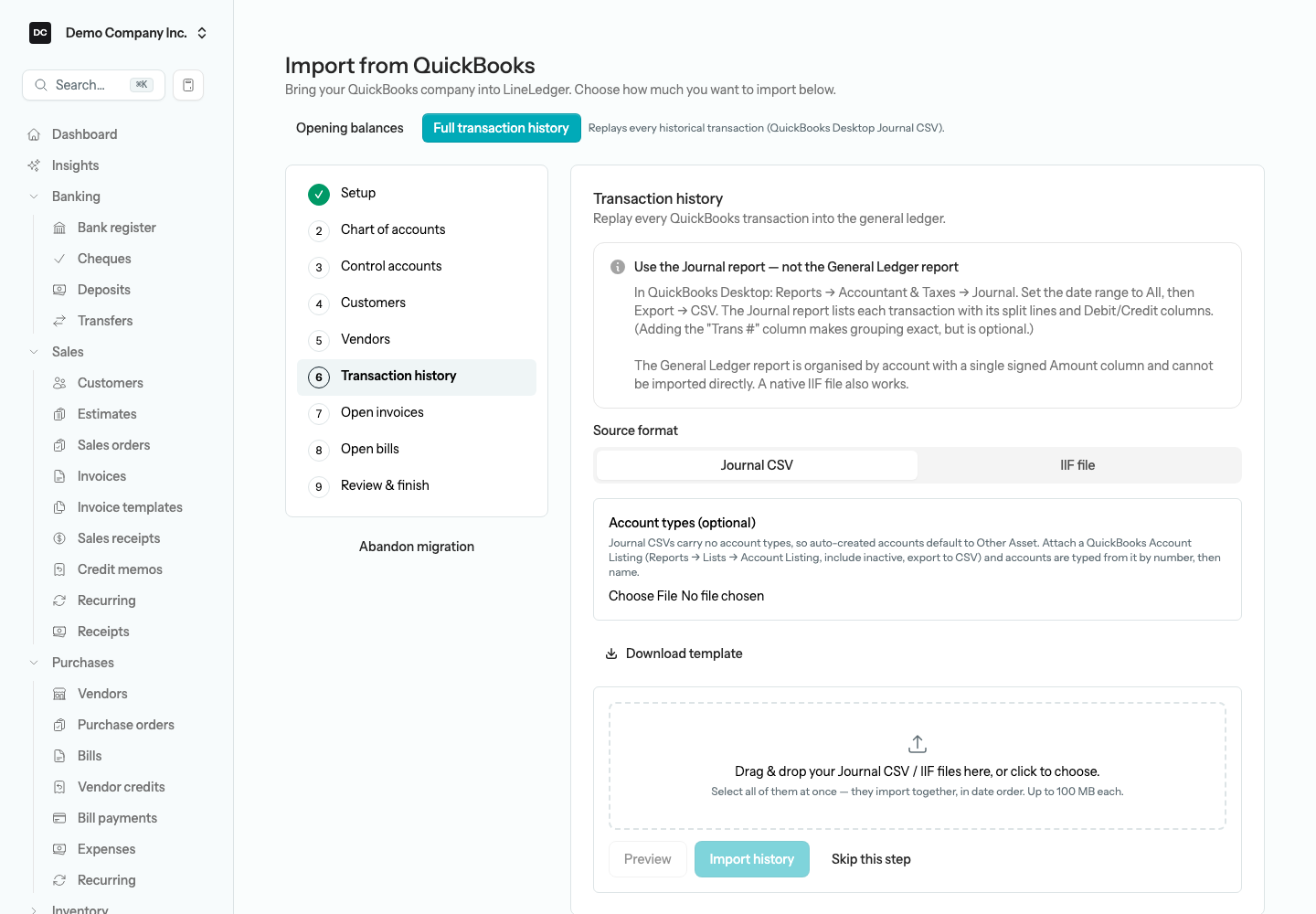 The Transaction history step with the Journal-report note, the Source format choice, the Account types (optional) box, and a drag-and-drop zone accepting several Journal CSV or IIF files