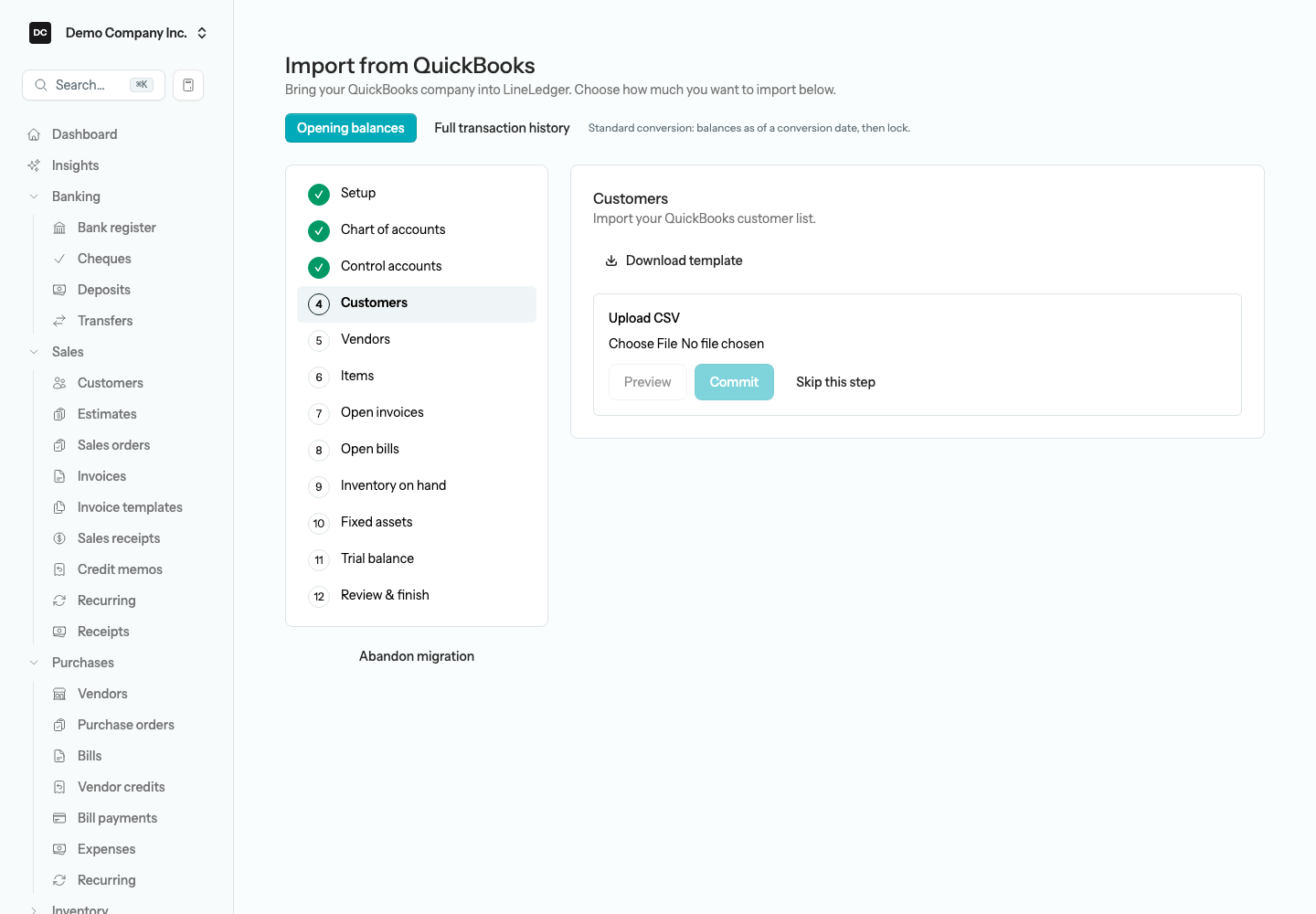 The Import from QuickBooks wizard with the numbered step list on the left, finished steps marked with a green check, and the current upload step on the right with Download template, Upload CSV, Preview, Commit, and Skip this step