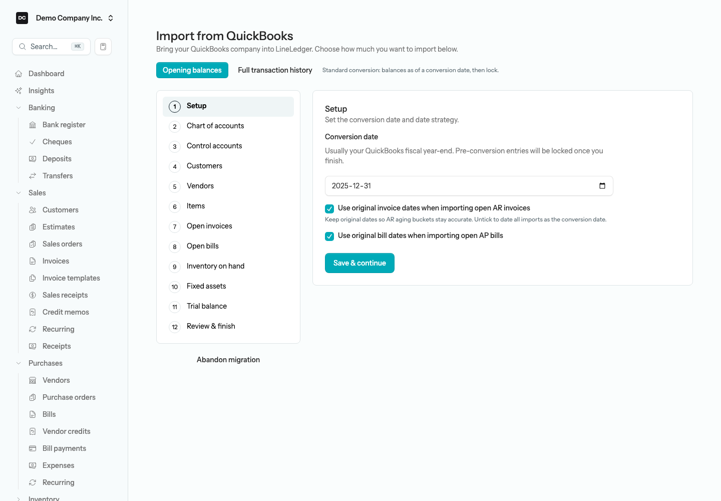 The Import from QuickBooks page opened from Settings, with the Opening balances and Full transaction history mode buttons above the numbered step list