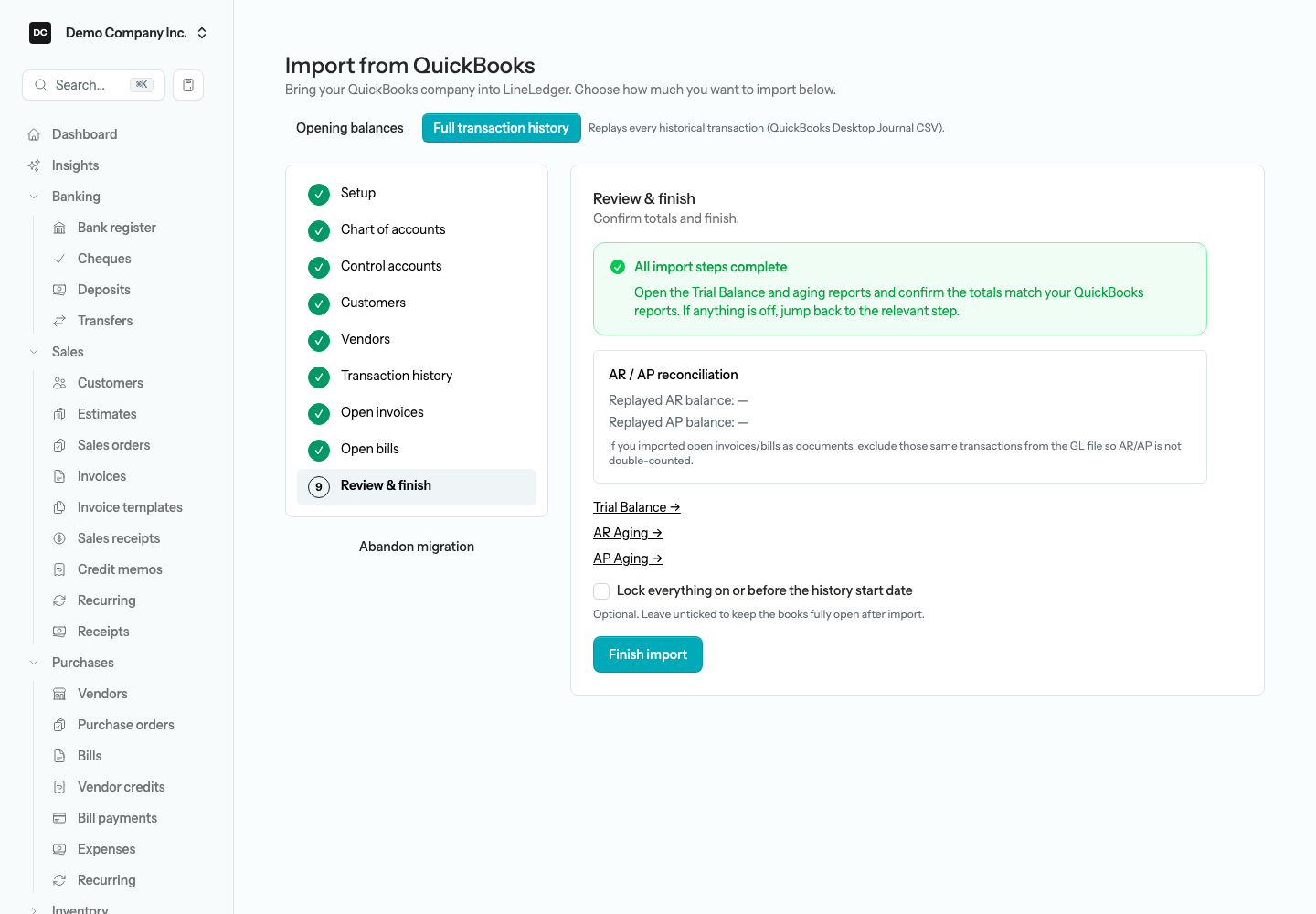 The Review & finish step in Full transaction history mode with the All import steps complete callout, the AR / AP reconciliation panel, the three report links, the Lock everything on or before the history start date checkbox, and the Finish import button