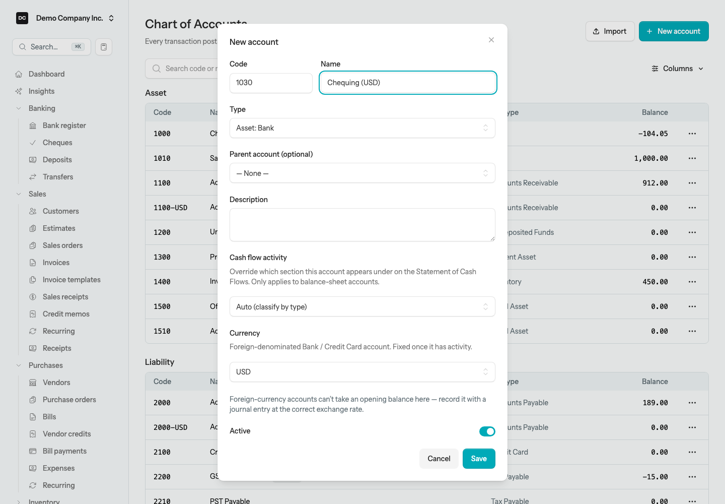 The New account dialog on the Chart of Accounts with a Bank type chosen, the Currency box set to USD with its “Foreign-denominated Bank / Credit Card account. Fixed once it has activity.” note, and the foreign-currency opening-balance note in place of the Opening balance box