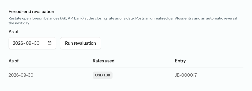 The Period-end revaluation section on Settings → Currencies with the As of date, the Run revaluation button, and a history table listing a completed run with its As of date, a USD rate badge under Rates used, and the journal entry number