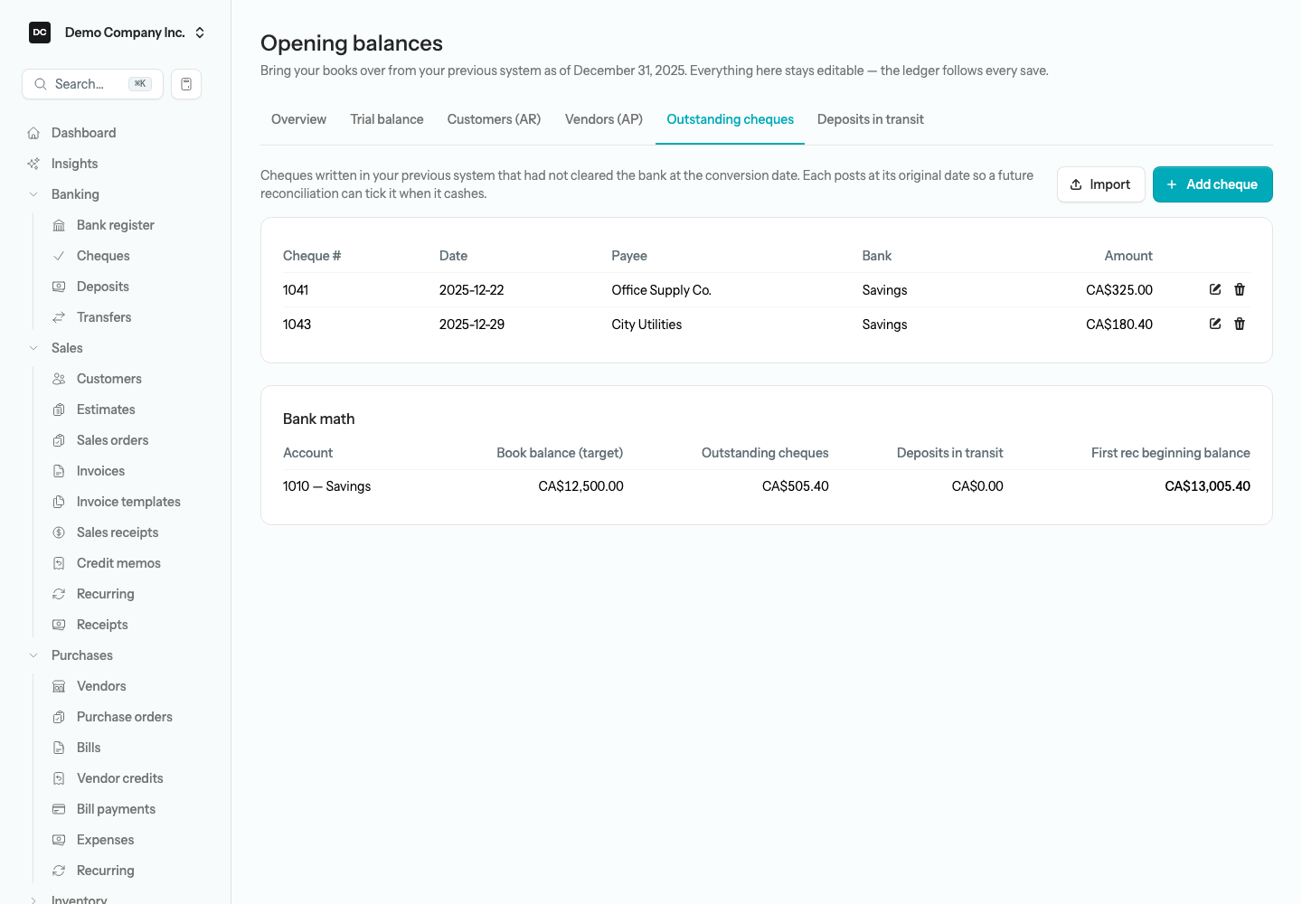 The Outstanding cheques tab listing carried-over cheques with Cheque #, Date, Payee, Bank, and Amount columns, the Import and Add cheque buttons, and the Bank math card showing Book balance (target), Outstanding cheques, Deposits in transit, and First rec beginning balance per bank account