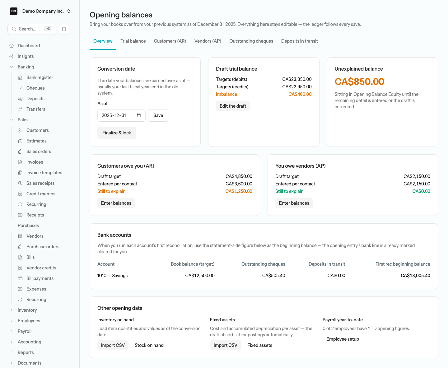 The Opening balances Overview tab for Demo Company Inc. showing the Conversion date card with an As of date and Finalize & lock button, the Draft trial balance card with its Imbalance, the Unexplained balance tile, the Customers owe you (AR) and You owe vendors (AP) cards, the Bank accounts table, and the Other opening data card