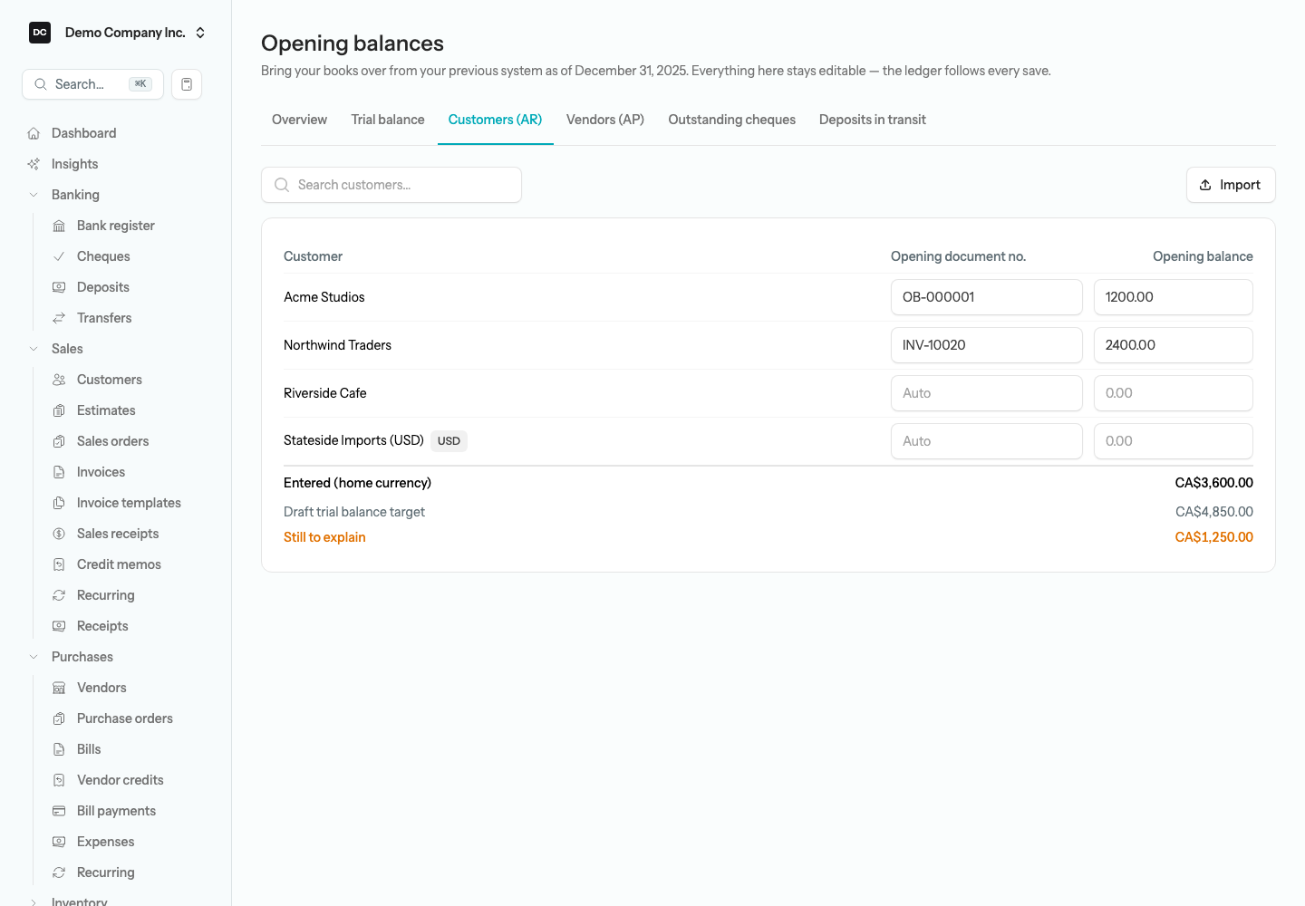 The Customers (AR) tab listing Demo Company Inc. customers with an Opening document no. cell and an Opening balance cell per row, and a footer showing Entered (home currency), Draft trial balance target, and Still to explain