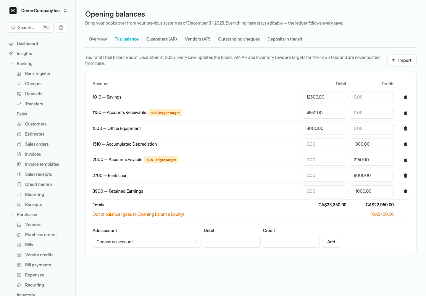 The Trial balance tab showing account rows with editable Debit and Credit cells, a sub-ledger target badge on the Accounts Receivable row, the Totals footer with an Out of balance line, and the Add account row with Debit, Credit, and Add controls