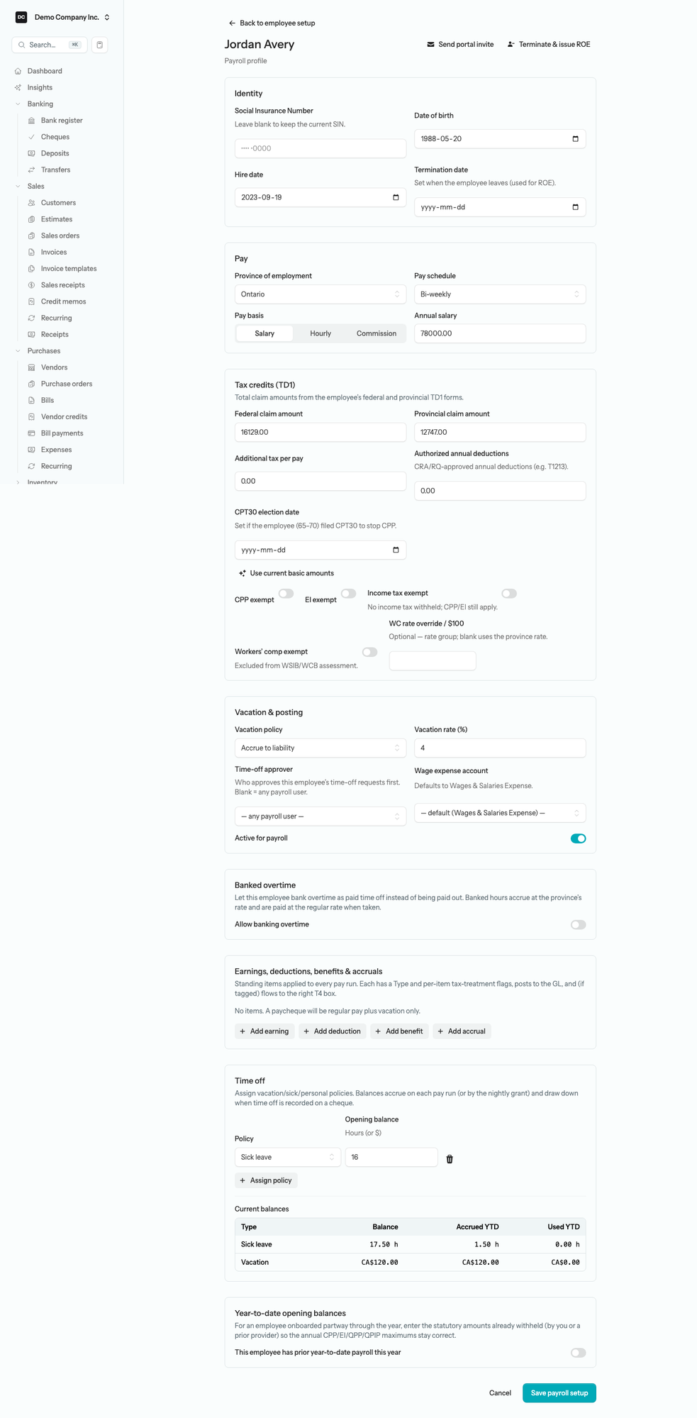 The employee payroll profile page for Jordan Avery with Send portal invite and Terminate & issue ROE buttons above the Identity, Pay, Tax credits (TD1), Vacation & posting, Banked overtime, Earnings, deductions, benefits & accruals, Time off, and Year-to-date opening balances cards