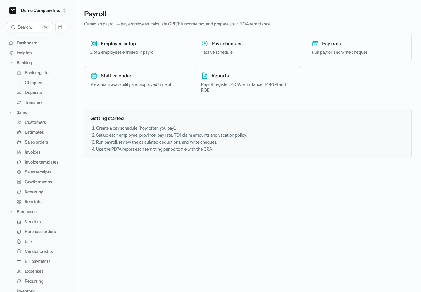 The Payroll overview page with Employee setup, Pay schedules, Pay runs, Staff calendar, and Reports cards and a getting-started checklist