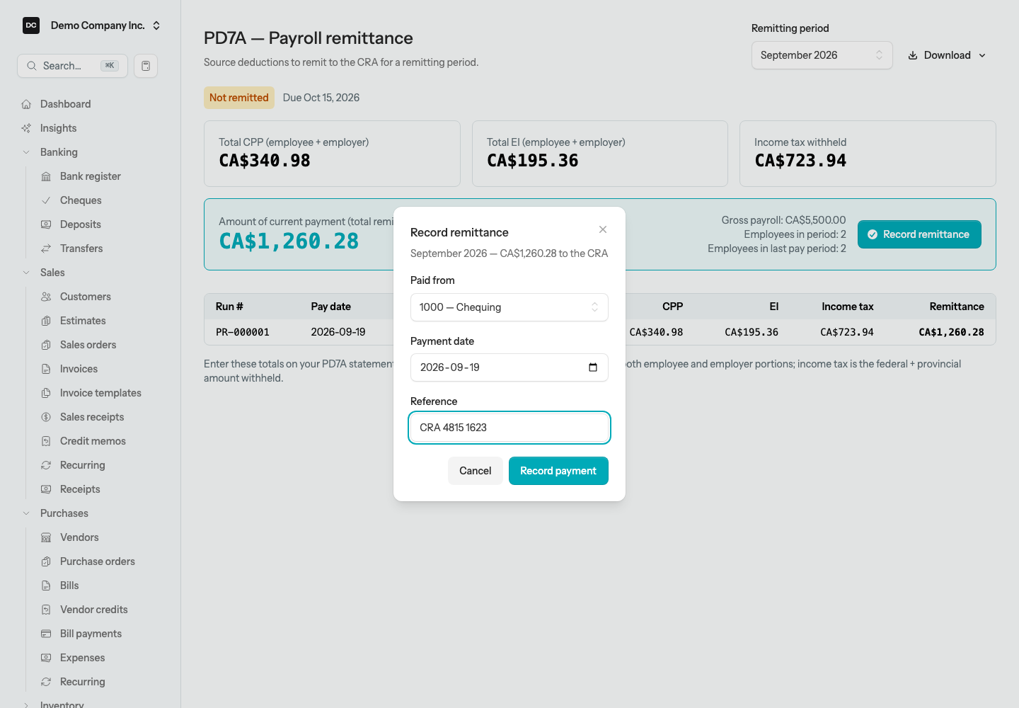 The PD7A report with the Record remittance dialog open, showing the period and amount to the CRA, the Paid from bank account, Payment date, Reference, and Record payment button