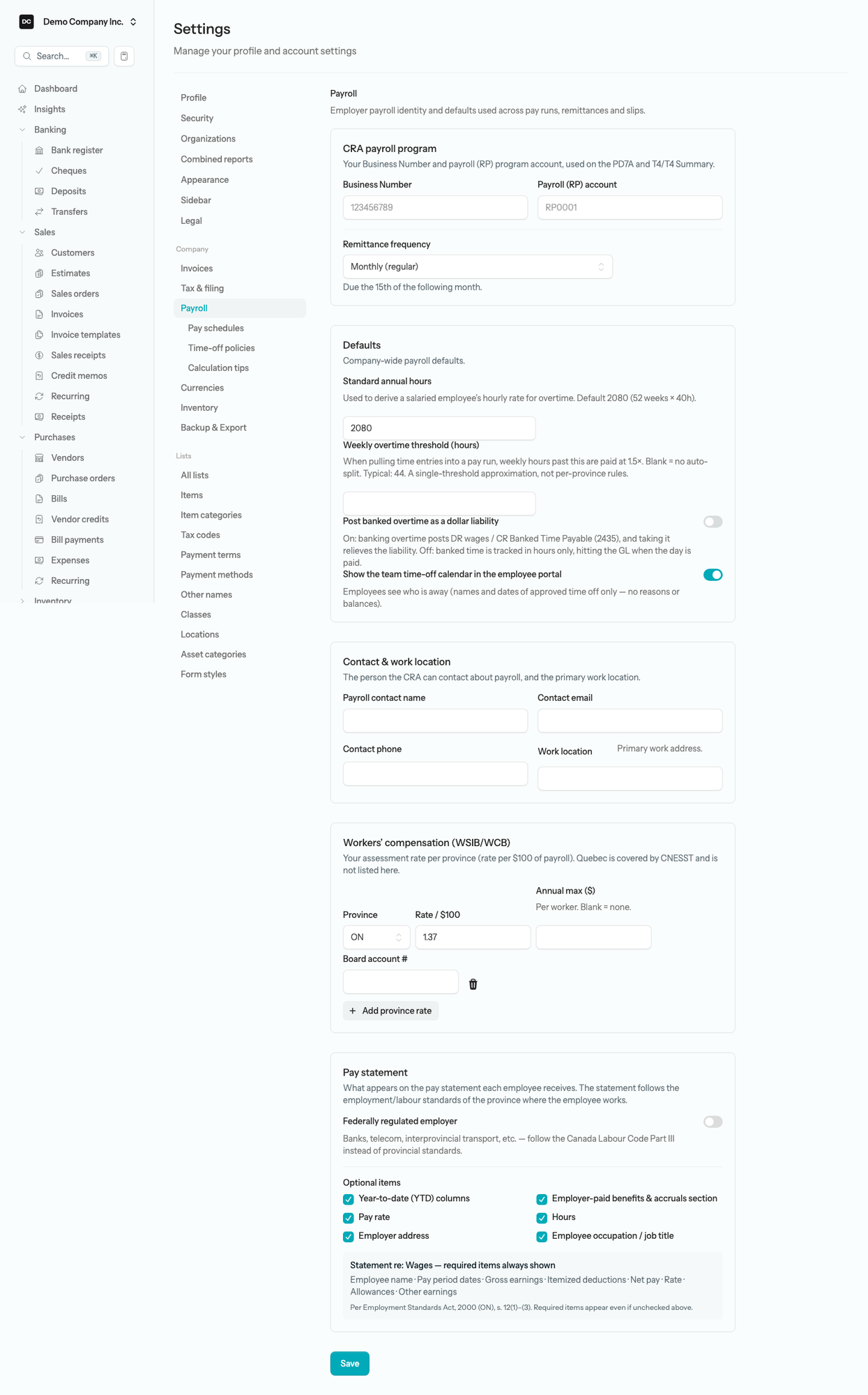 The Settings → Payroll page with the CRA payroll program, Defaults, Contact & work location, Workers’ compensation, and Pay statement blocks