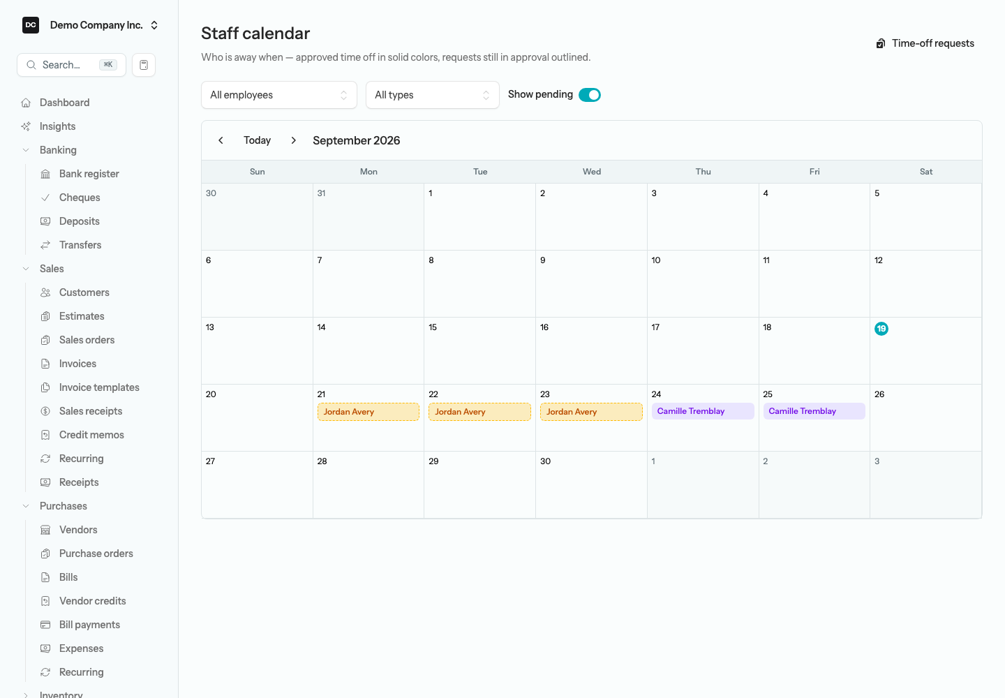 The staff calendar month grid with employee absence chips, colour-coded by leave type, the employee and type filters, the Show pending toggle, and the Time-off requests button