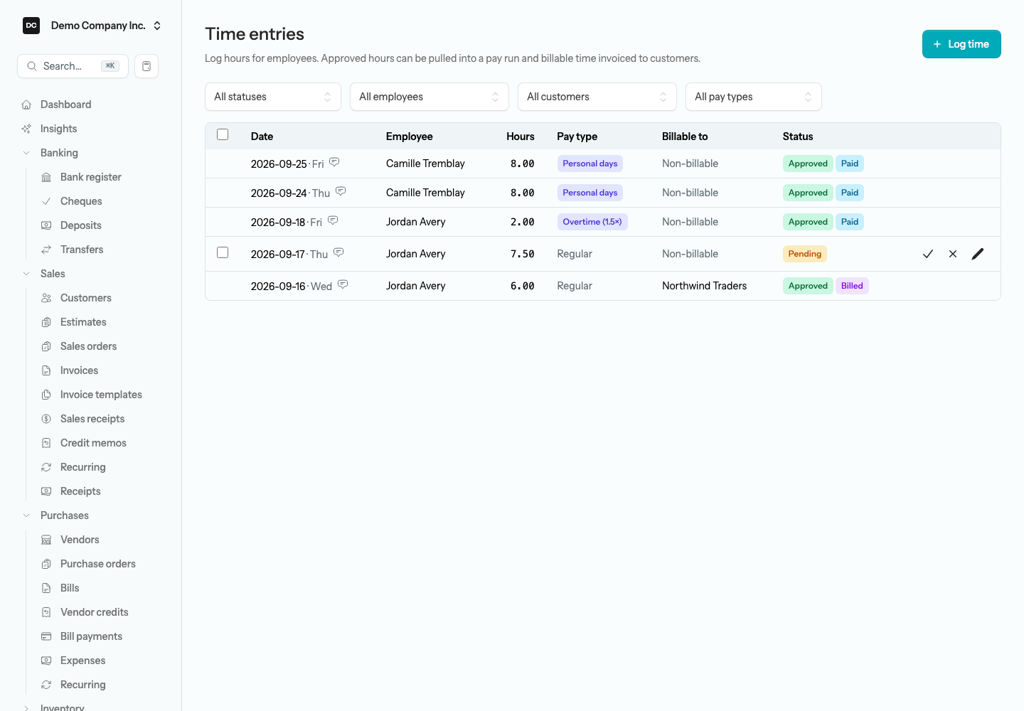 The Time entries page with status, employee, customer, and pay type filters, a Log time button, and rows showing hours, pay type, billable customer, and Approved, Paid, and Billed badges