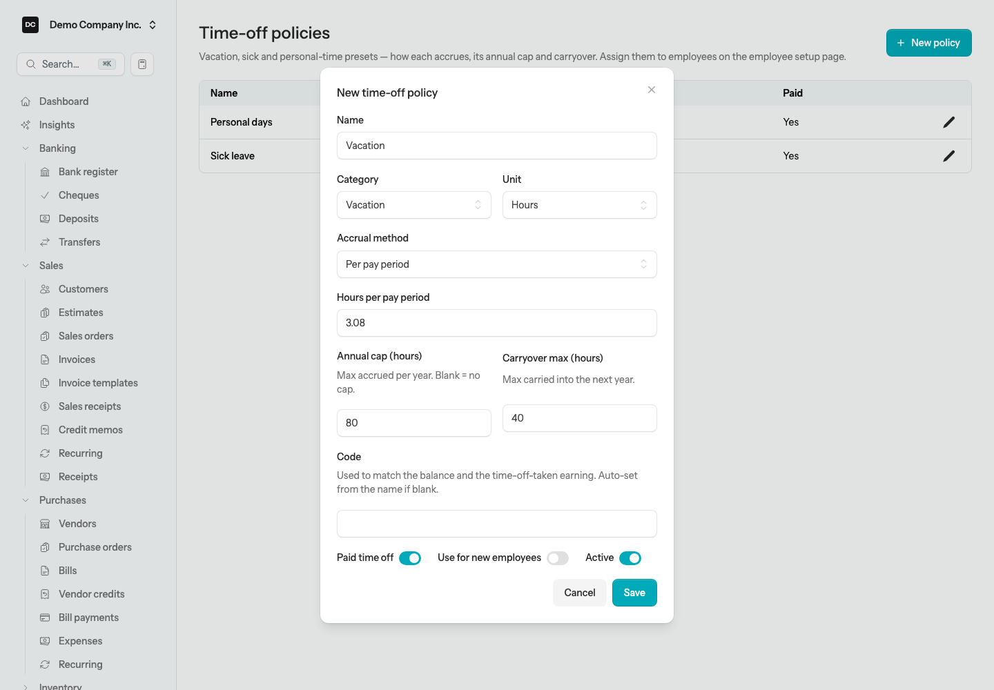 The New time-off policy dialog with Name, Category, Unit, Accrual method, rate, Annual cap, Carryover max, and the Paid time off, Use for new employees, and Active switches