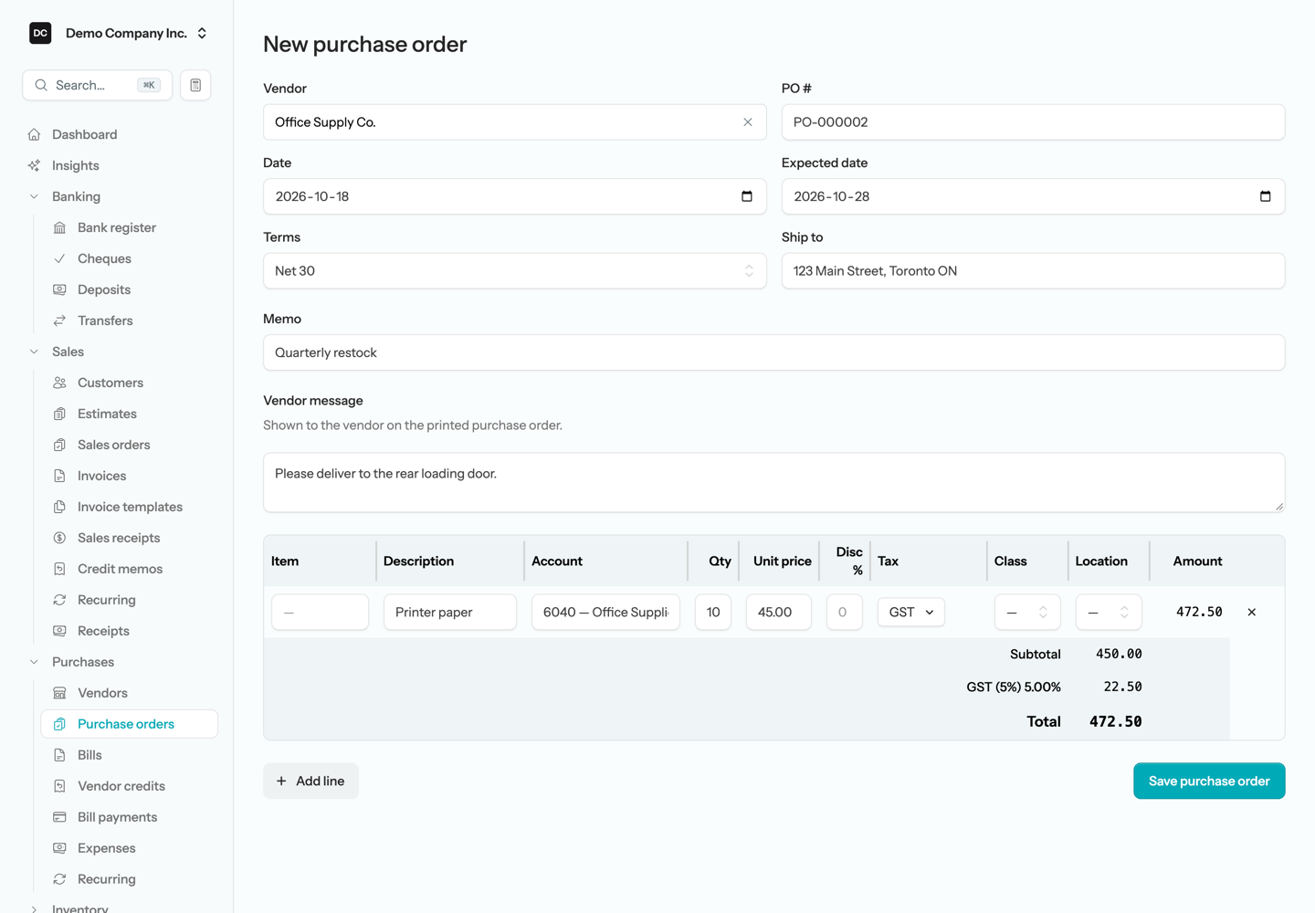 The New purchase order form showing the Vendor, PO #, Date, Expected date, Terms and Ship to fields, the Memo and Vendor message boxes, and a line grid