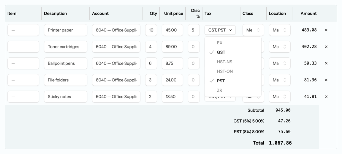The purchase order line grid with the Tax picker open and two tax codes ticked, alongside the Item, Description, Account, Qty, Unit price, Disc %, Class, Location, and Amount columns
