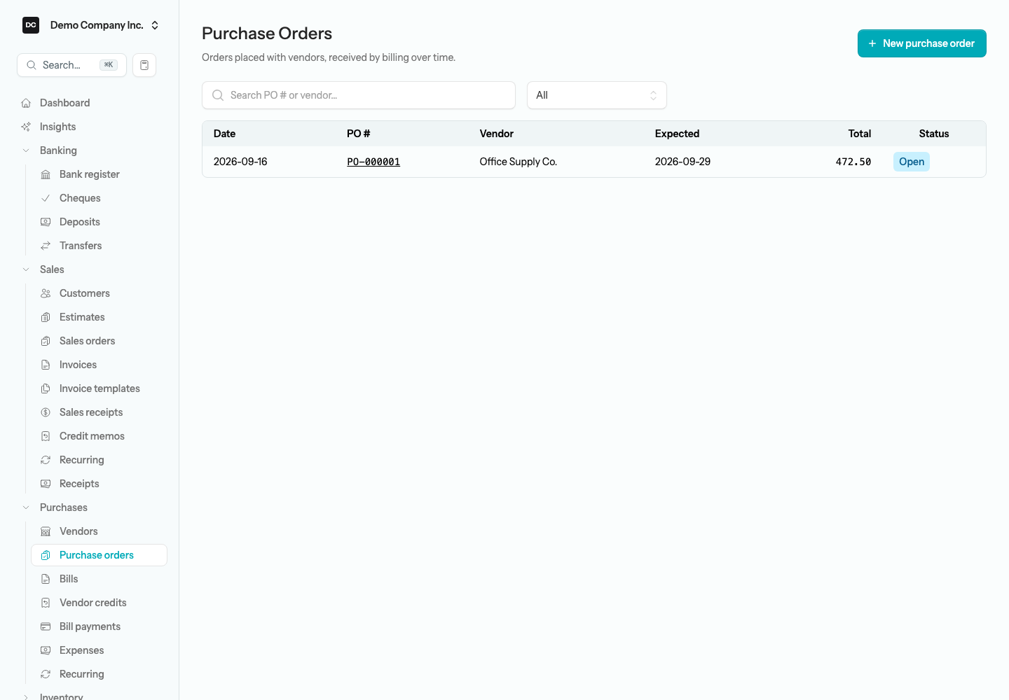 The Purchase Orders list showing one open order to Office Supply Co. with its date, PO number, expected date, total, and Open status badge