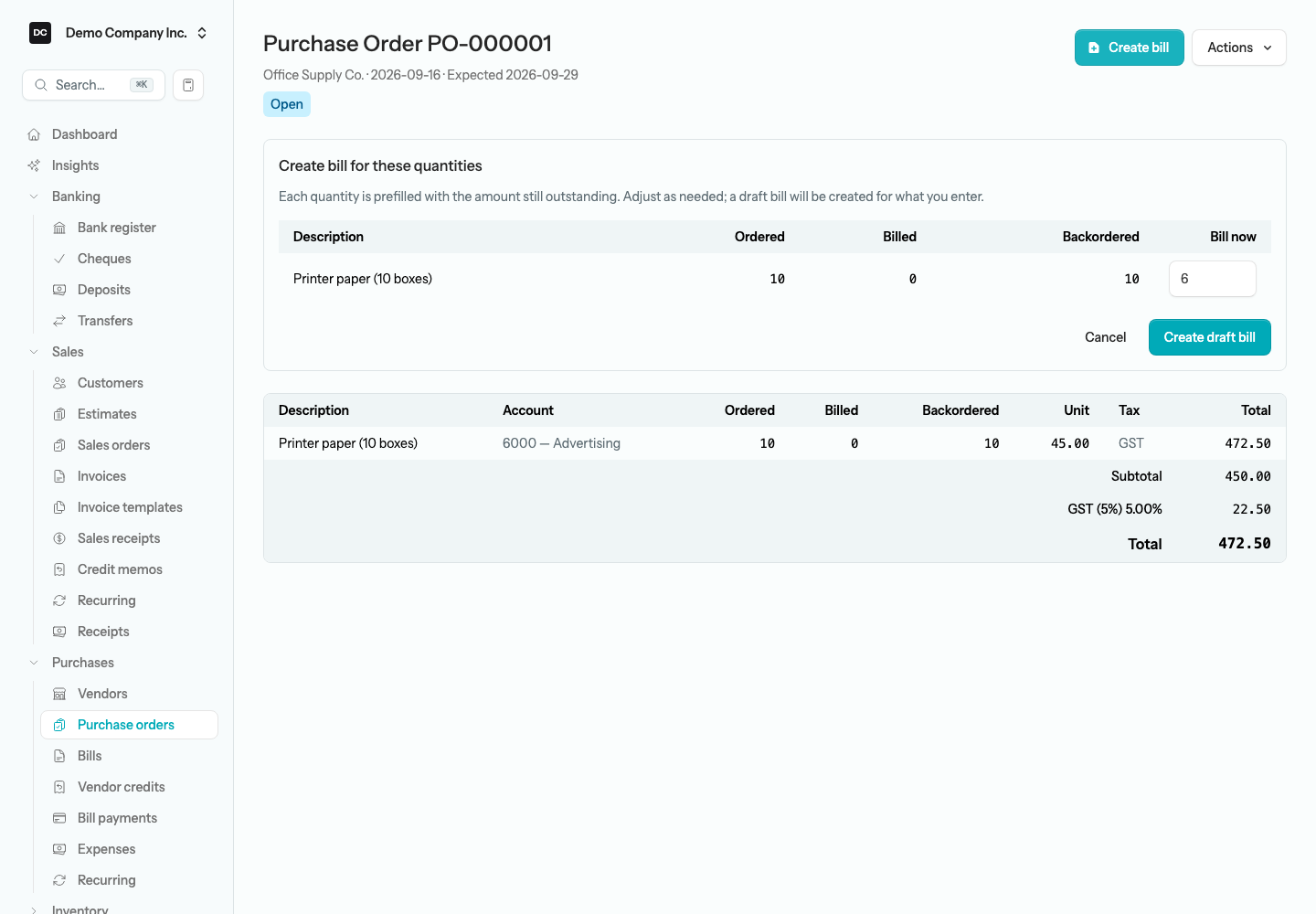The Create bill for these quantities panel listing each line with Ordered, Billed, Backordered, and an editable Bill now quantity, with Cancel and Create draft bill buttons