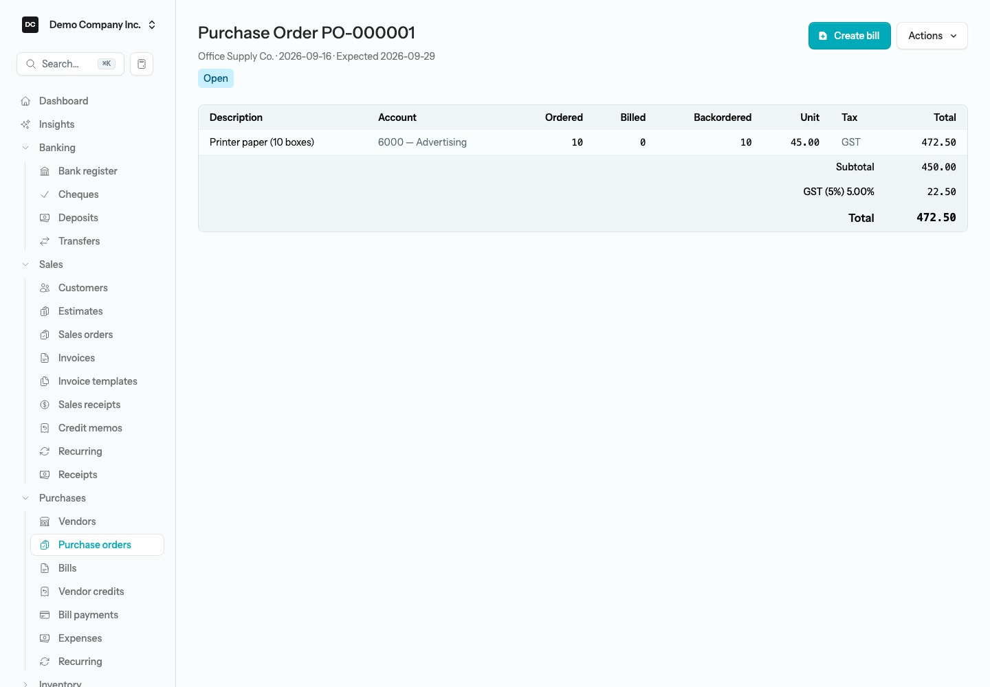 A purchase order page showing the status badge, the Create bill and Actions buttons, and a lines table with Ordered, Billed, and Backordered columns