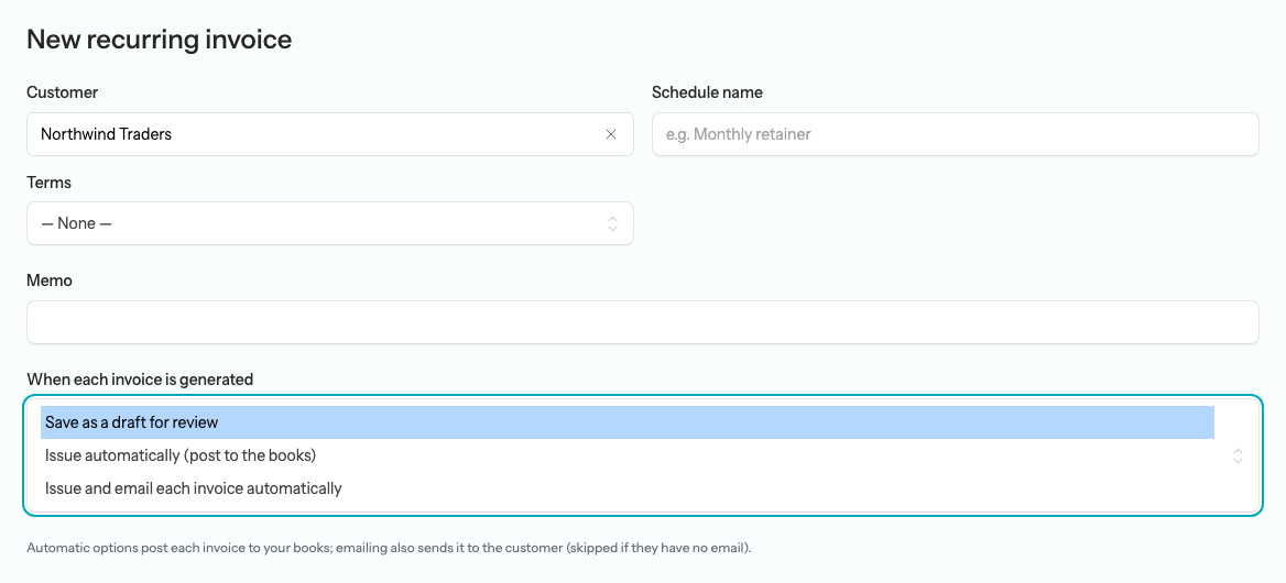 The When each invoice is generated dropdown open on the recurring invoice form, listing Save as a draft for review, Issue automatically (post to the books), and Issue and email each invoice automatically