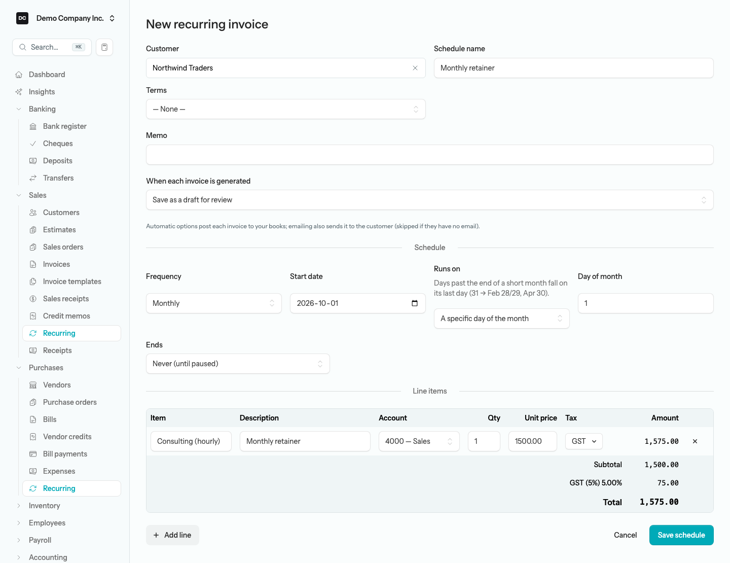 The New recurring invoice form showing the customer, schedule name, the When each invoice is generated setting, the Schedule row with Frequency, Start date, Runs on and Day of month, the Ends selector, and the line items grid
