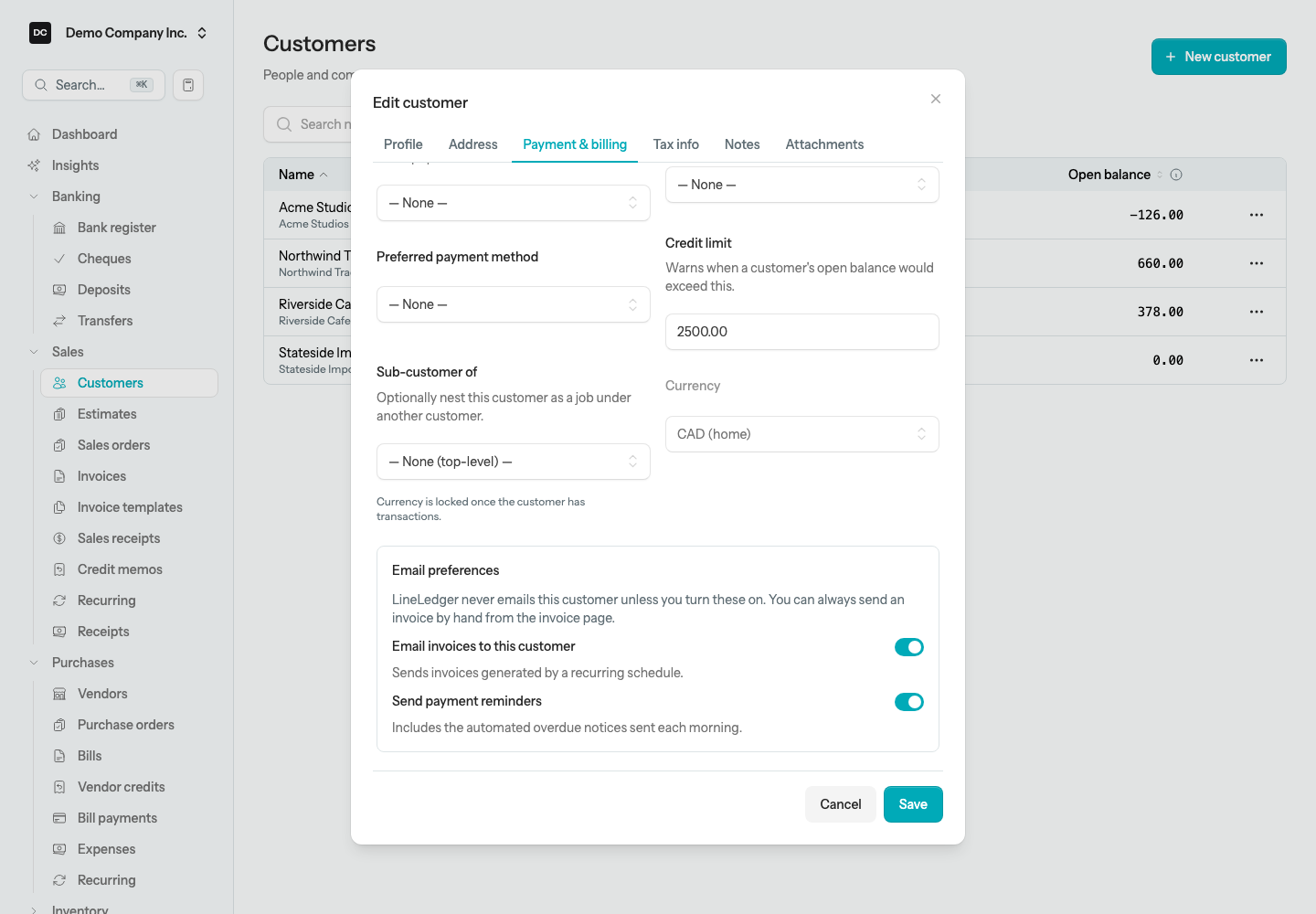 The Payment & billing tab of the Edit customer dialog for Northwind Traders with the Email preferences panel showing the Email invoices to this customer switch turned on
