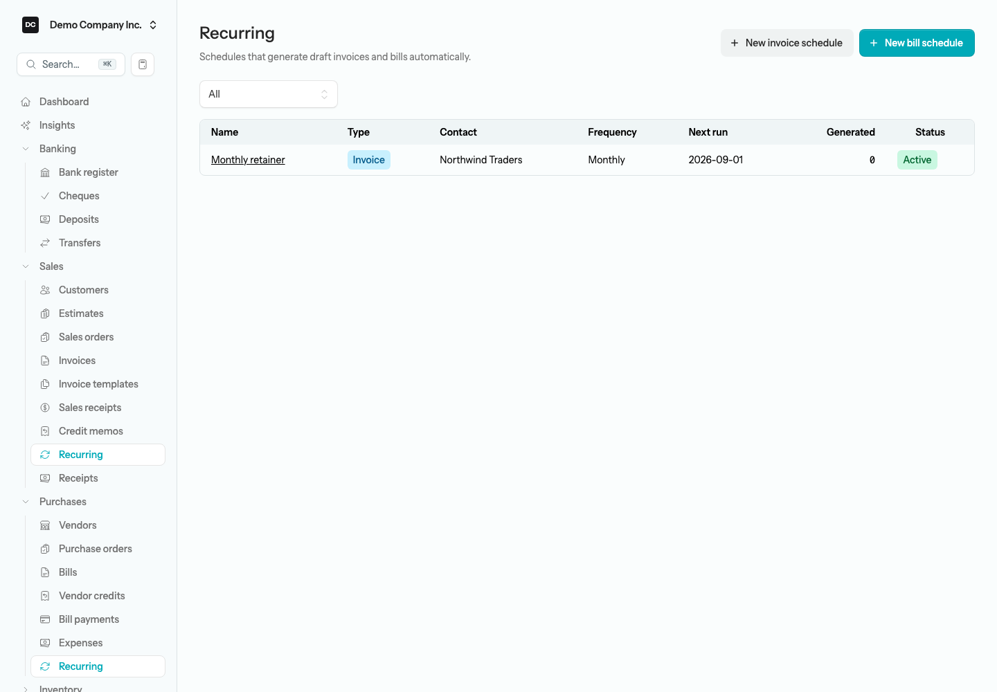 The Recurring list with the All / Invoices / Bills selector, showing the Monthly retainer invoice schedule for Northwind Traders with an Active badge