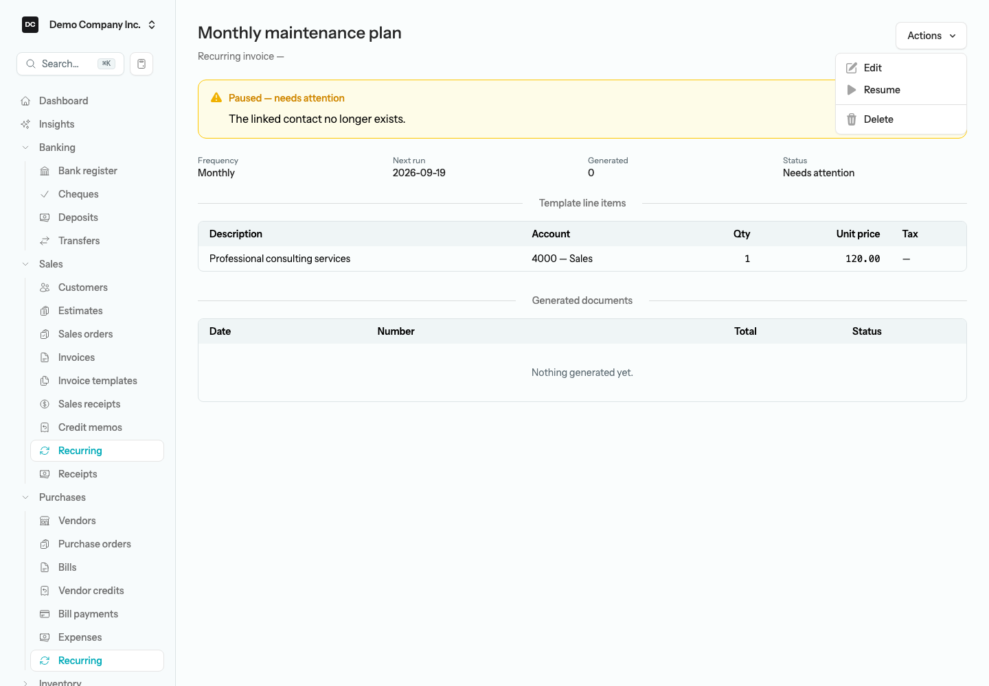 A schedule page showing the Paused — needs attention notice reading The linked contact no longer exists, with the Status tile reading Needs attention and Resume available in the Actions menu