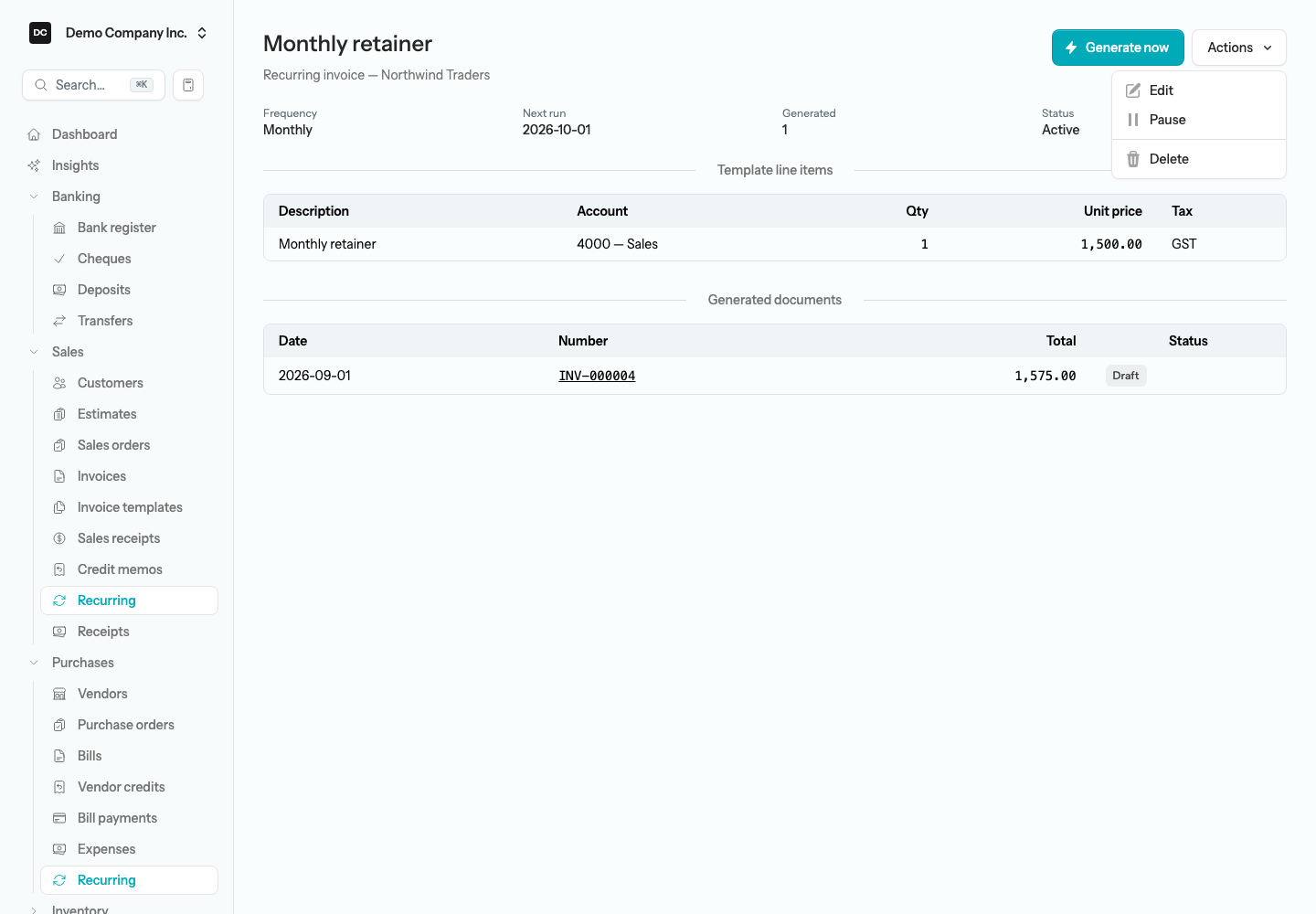 The Monthly retainer schedule page showing the Frequency, Next run, Generated and Status tiles, the Generate now button, the Actions menu open with Edit, Pause and Delete, the Template line items table and the Generated documents table