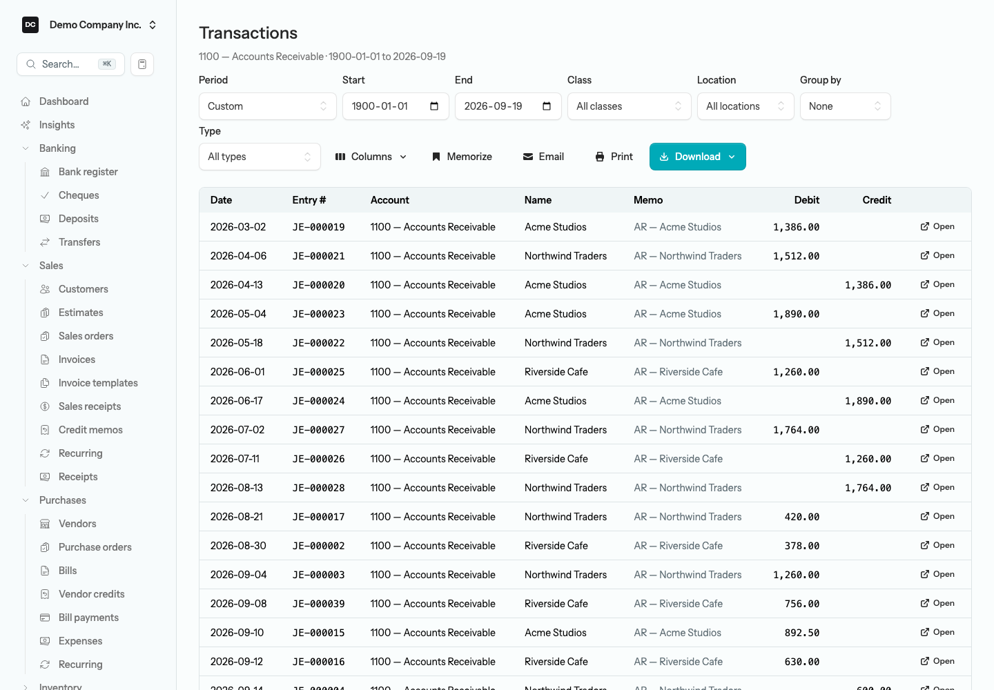 The Transactions report opened from the Balance Sheet, scoped to the Accounts Receivable account from the start of the books to the As of date, with an Open button on each row