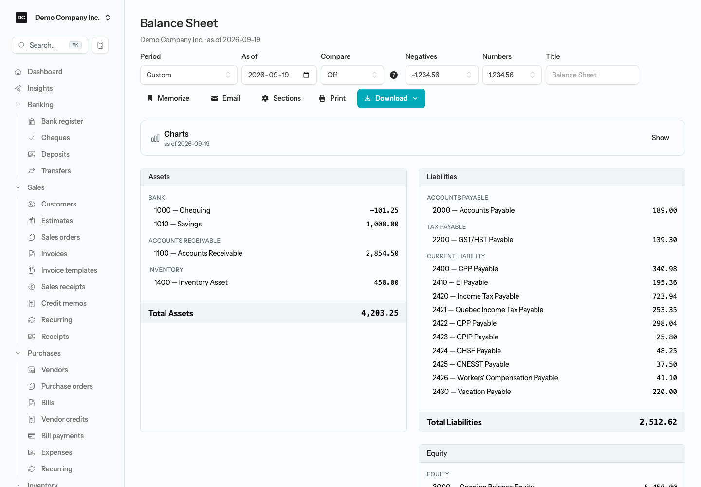 The Balance Sheet with the Period, As of, Compare, Negatives, Numbers, Title, Memorize, Email, Sections, Print, and Download controls along the top
