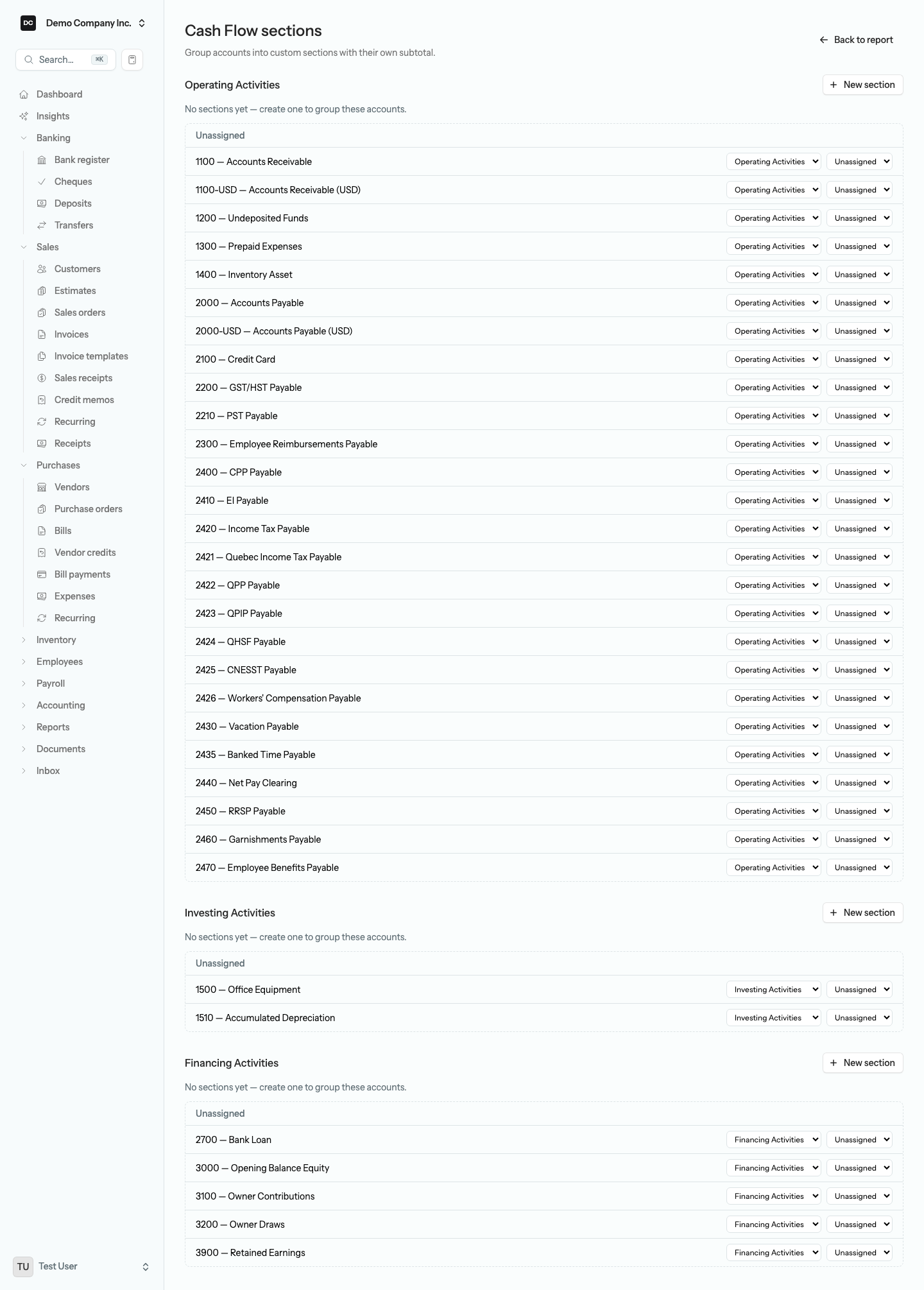 The Cash Flow sections page with Operating Activities, Investing Activities, and Financing Activities groups, each account row carrying an activity dropdown and a section dropdown