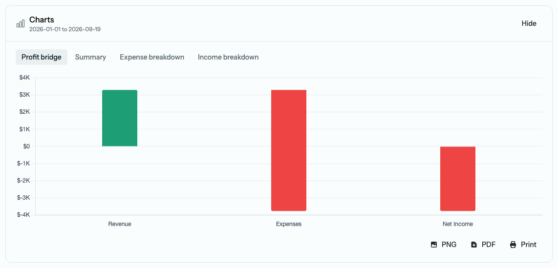 The Income Statement chart panel expanded, showing a profit-bridge chart with tabs for other views and PNG, PDF, and Print buttons