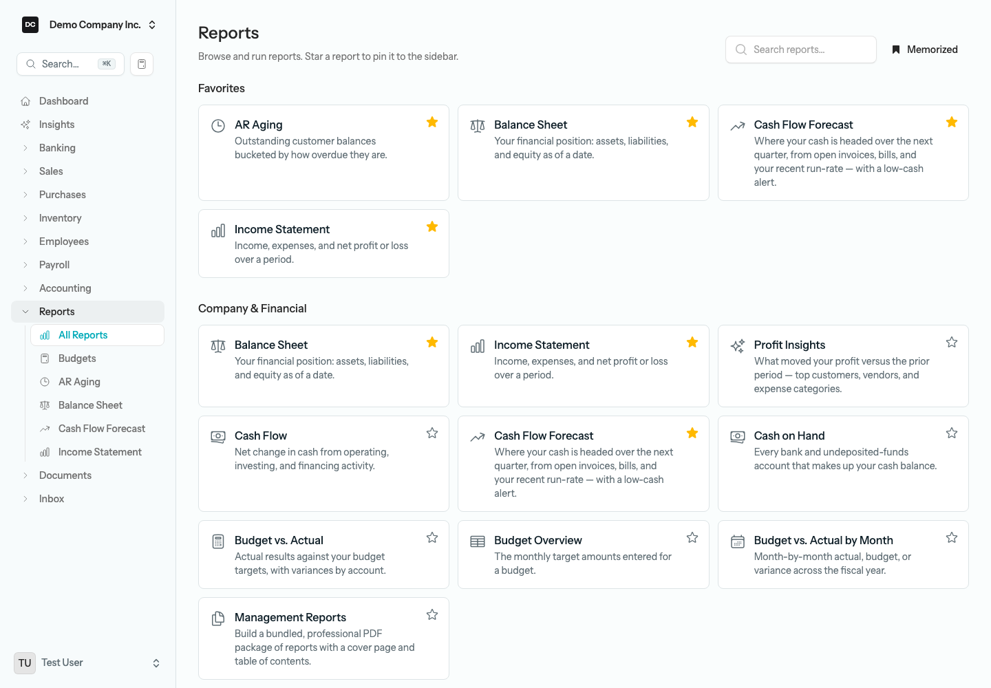 The Reports hub with a Favorites section at the top holding the pinned reports