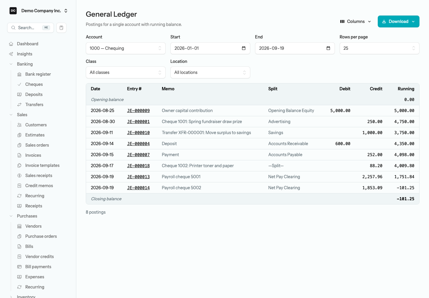 The General Ledger for a single account with the Account picker, Rows per page selector, Columns picker, opening balance, running balance, and closing balance