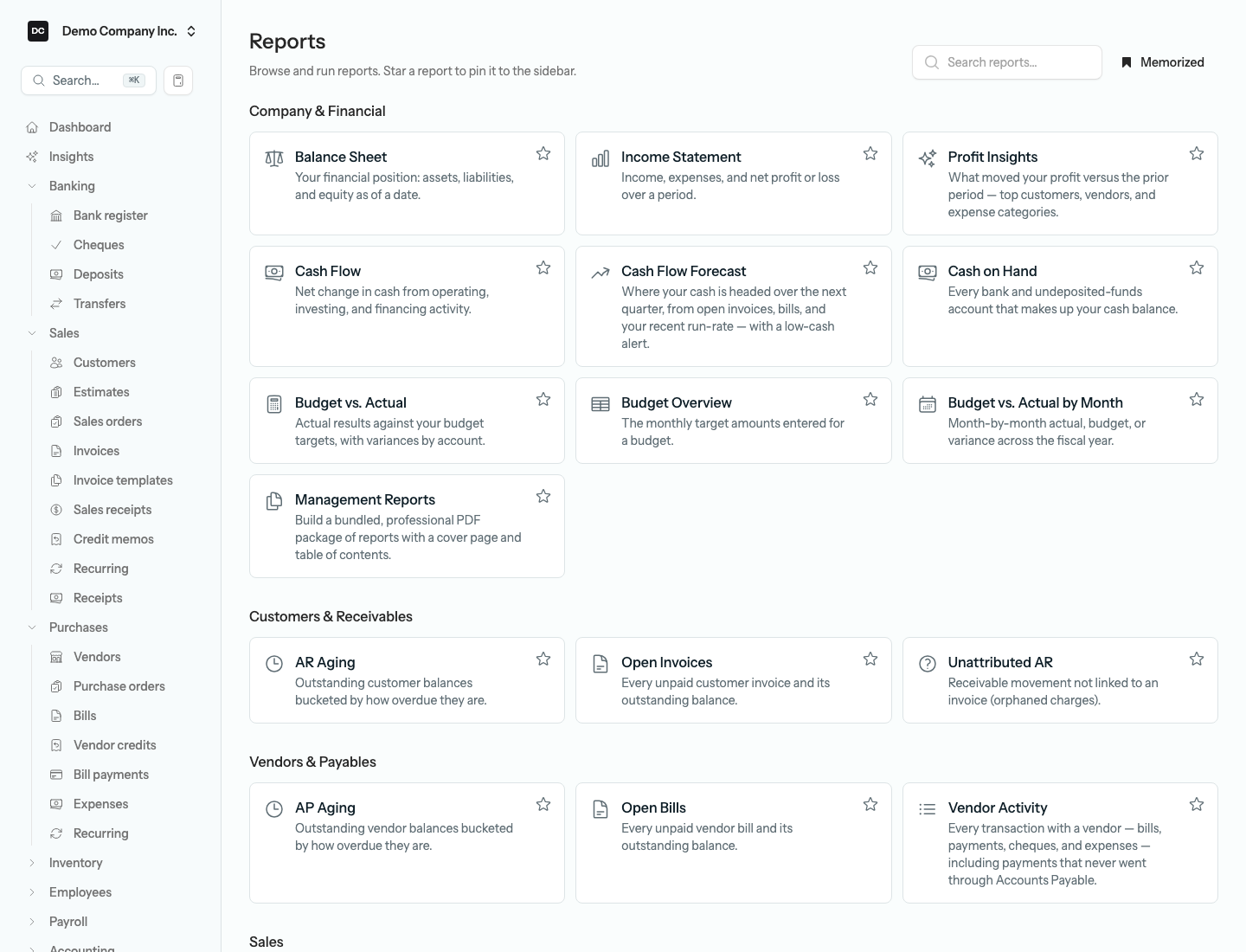 The Reports hub showing report cards grouped by area, with the Search reports box and the Memorized button at the top-right