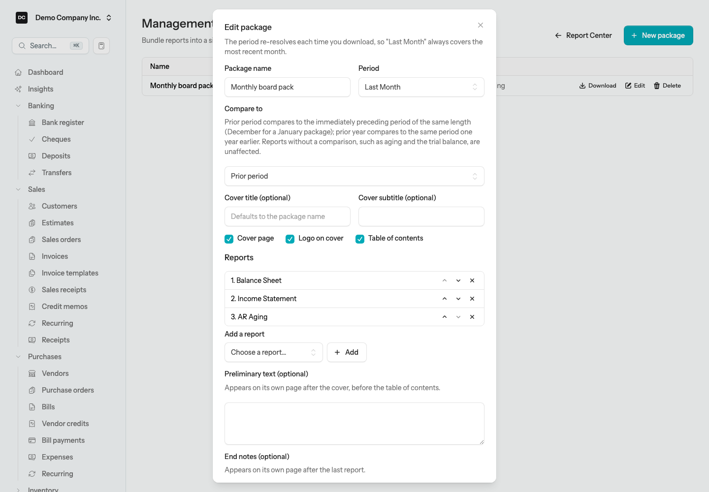 The Management Reports page listing a saved package with Download, Edit, and Delete buttons, and the package editor open showing Package name, Period, Compare to, cover options, and the report list