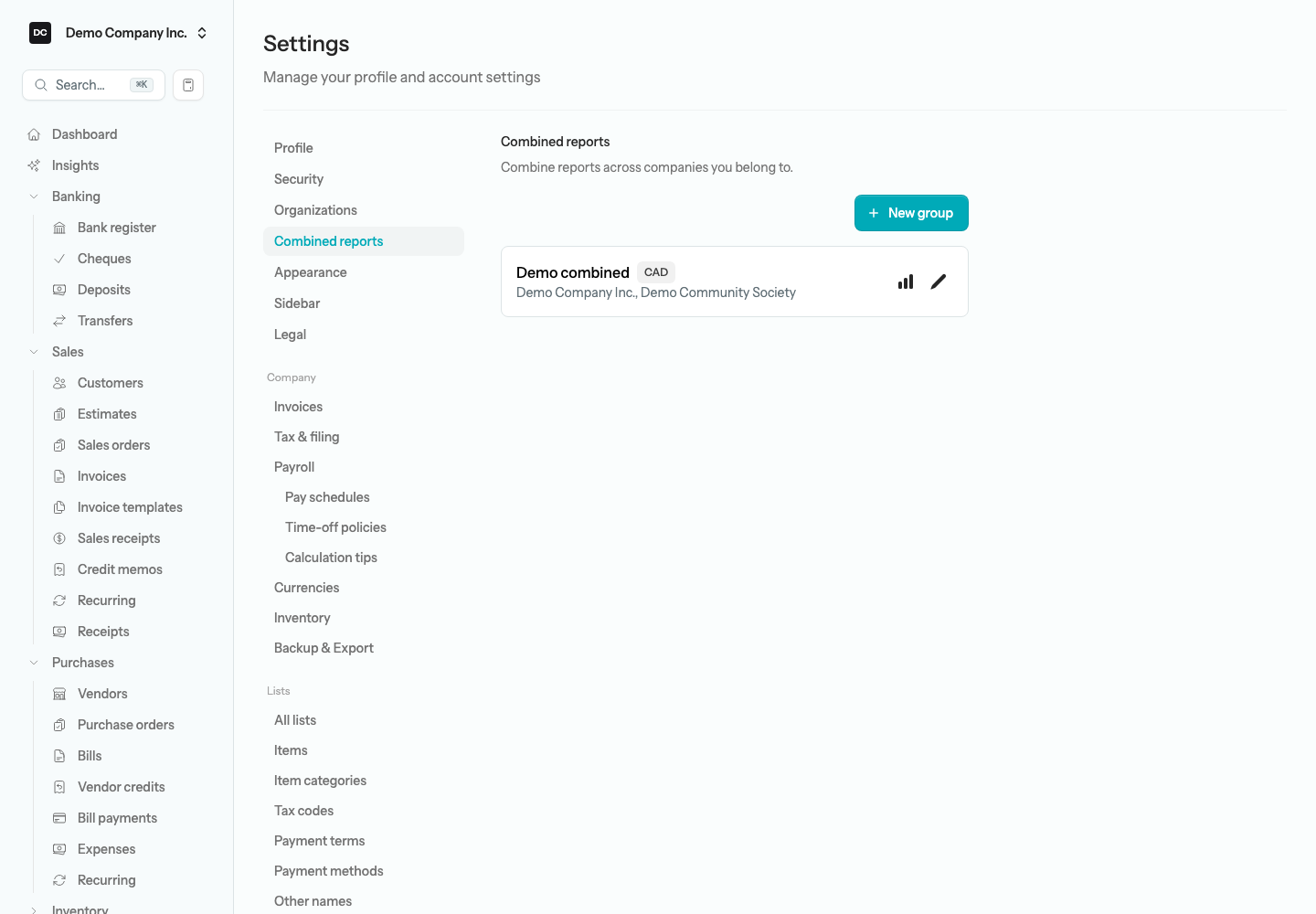 The Combined reports settings page listing a group with its member organizations, its currency badge, the chart and pencil buttons, and a New group button