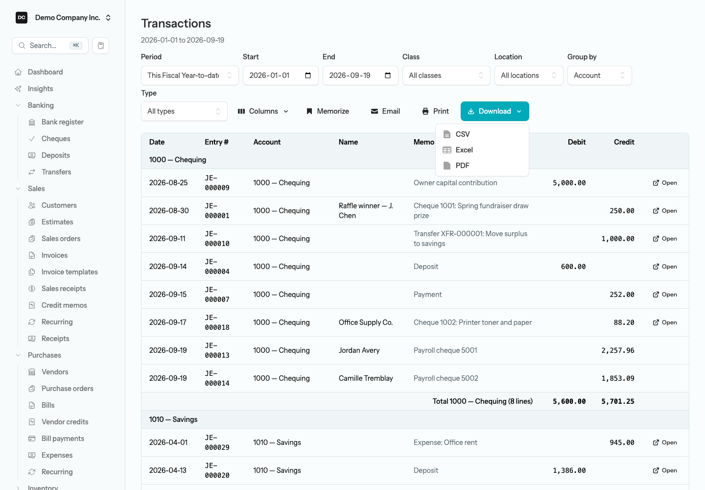 The Transactions report with the Group by, Type, and Columns controls and the Download dropdown open showing CSV, Excel, and PDF