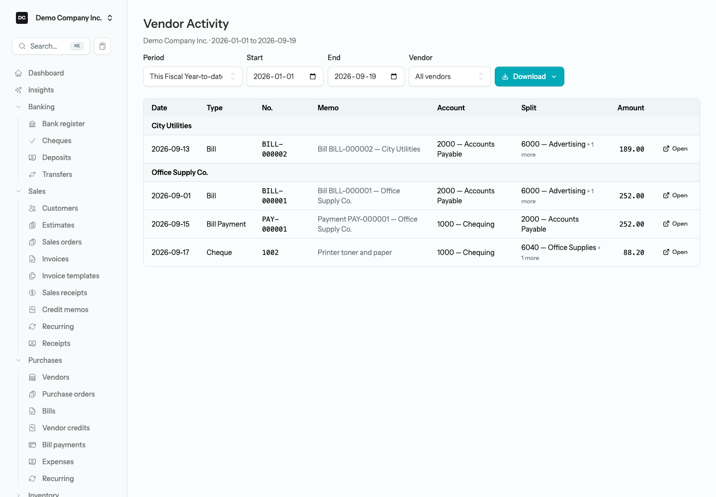The Vendor Activity report with the Vendor picker, rows grouped by vendor showing Date, Type, No., Memo, Account, Split, and Amount, and an Open button on each row