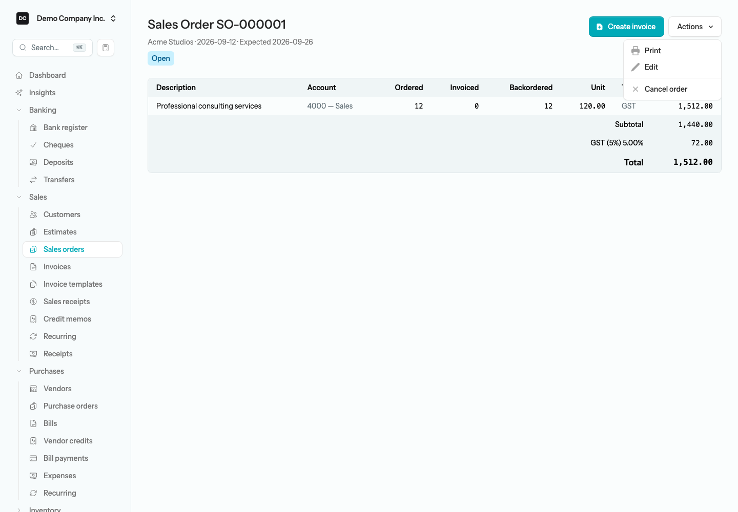 An Open sales order with its Actions menu open, showing Print, Edit, and Cancel order