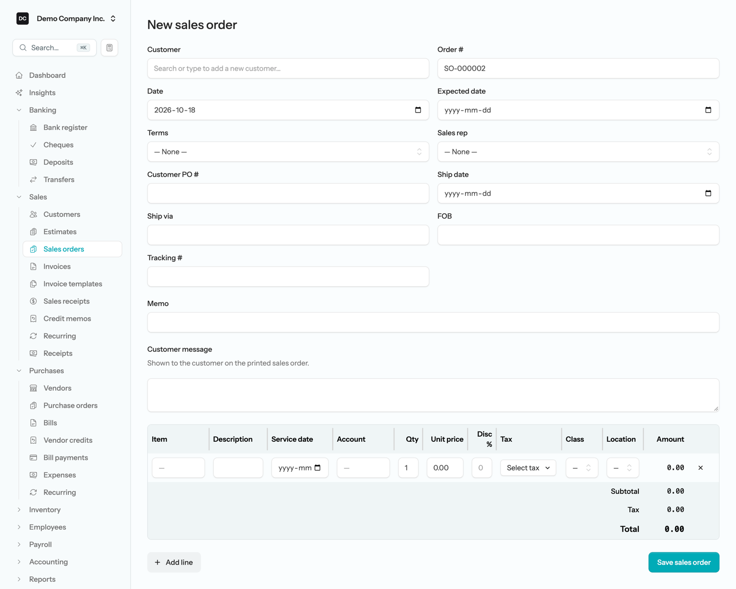 The New sales order form with the Customer, Order #, Date, Expected date, Terms, Sales rep, Customer PO #, and shipping fields above a line-item grid with Item, Description, Service date, Account, Qty, Unit price, Disc %, Tax, and Amount columns