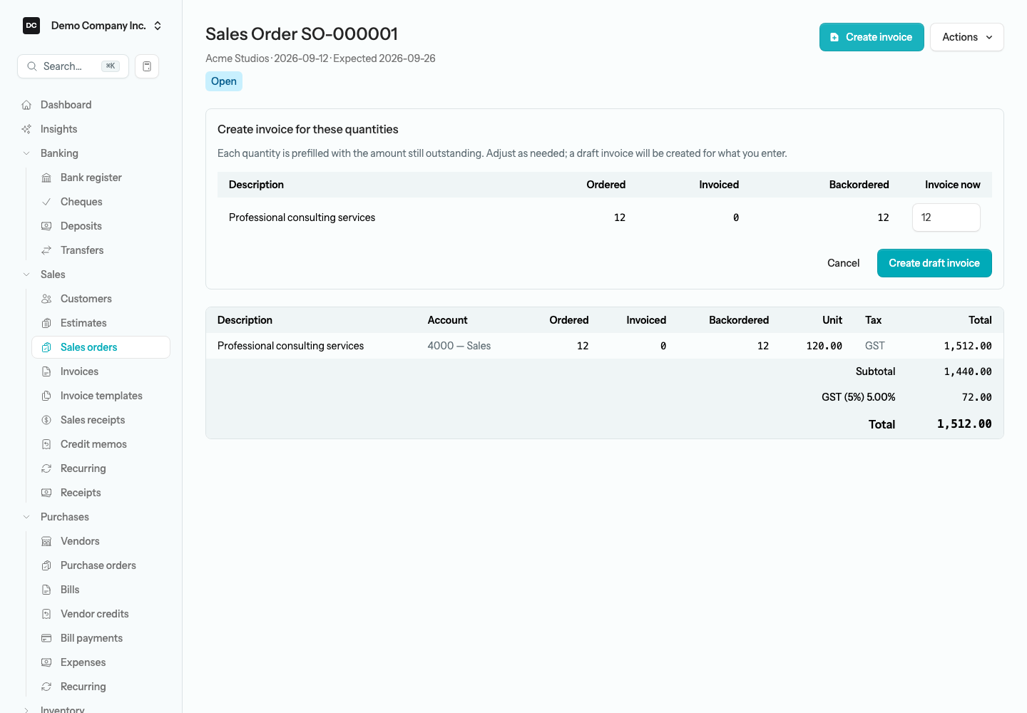 The Create invoice for these quantities panel listing each order line with Ordered, Invoiced, Backordered, and an editable Invoice now quantity, with Cancel and Create draft invoice buttons