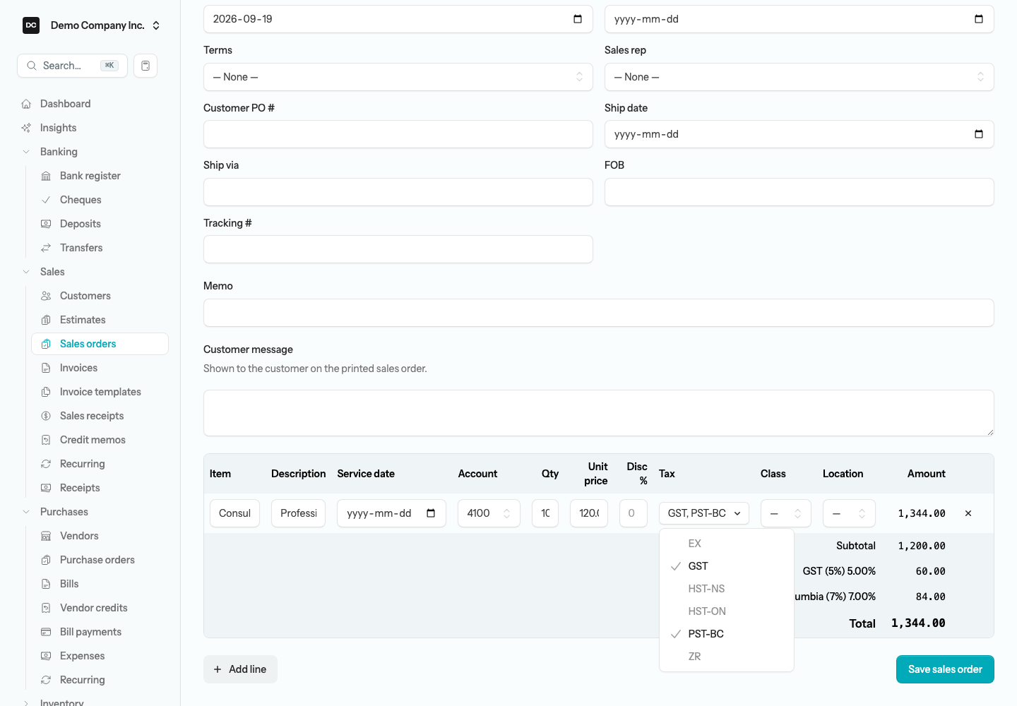 A sales order line with the Tax dropdown open and two tax codes ticked, in the Tax column just after Disc %