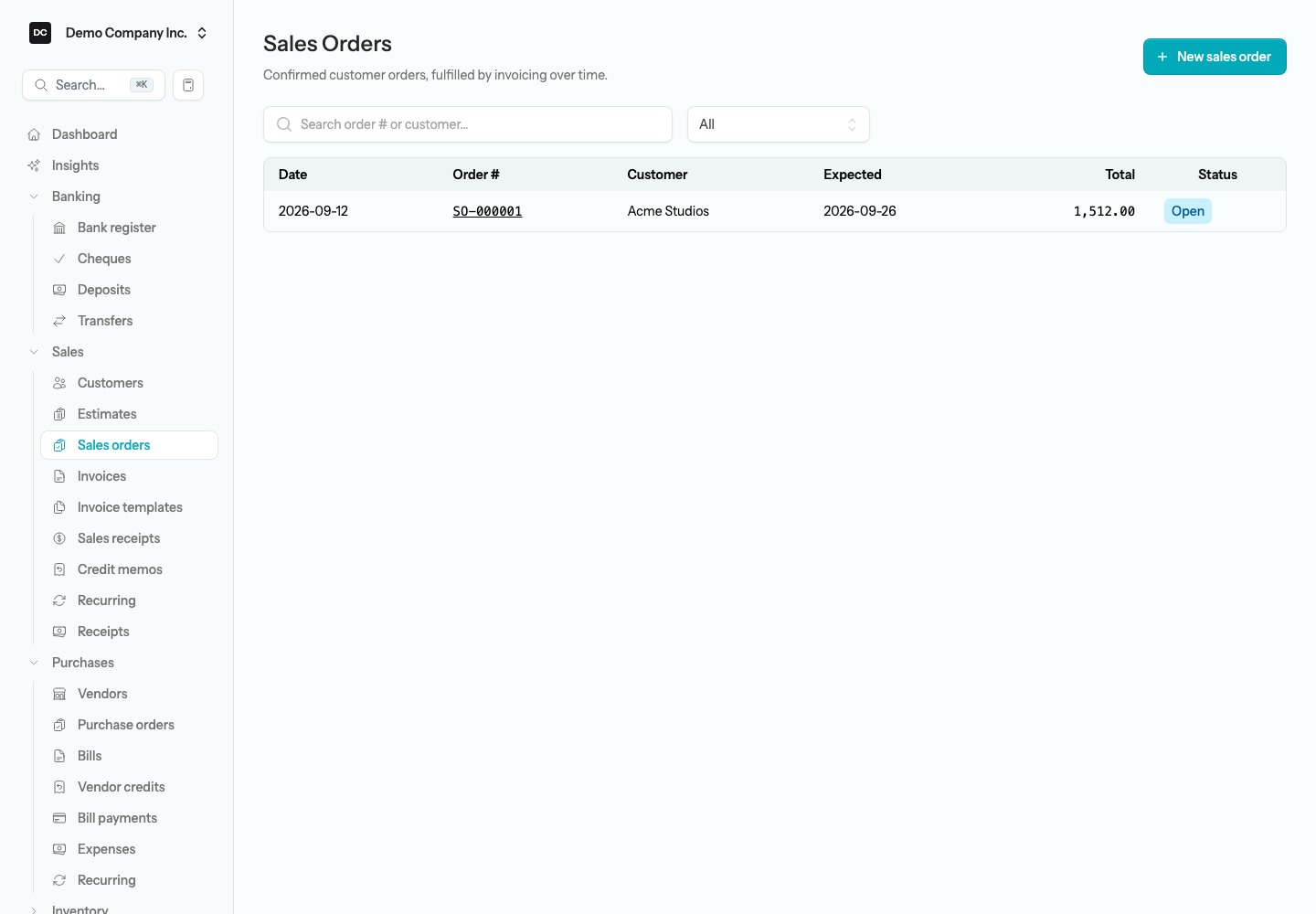 The Sales Orders list showing one Open order for Acme Studios, with the search box and status filter above it